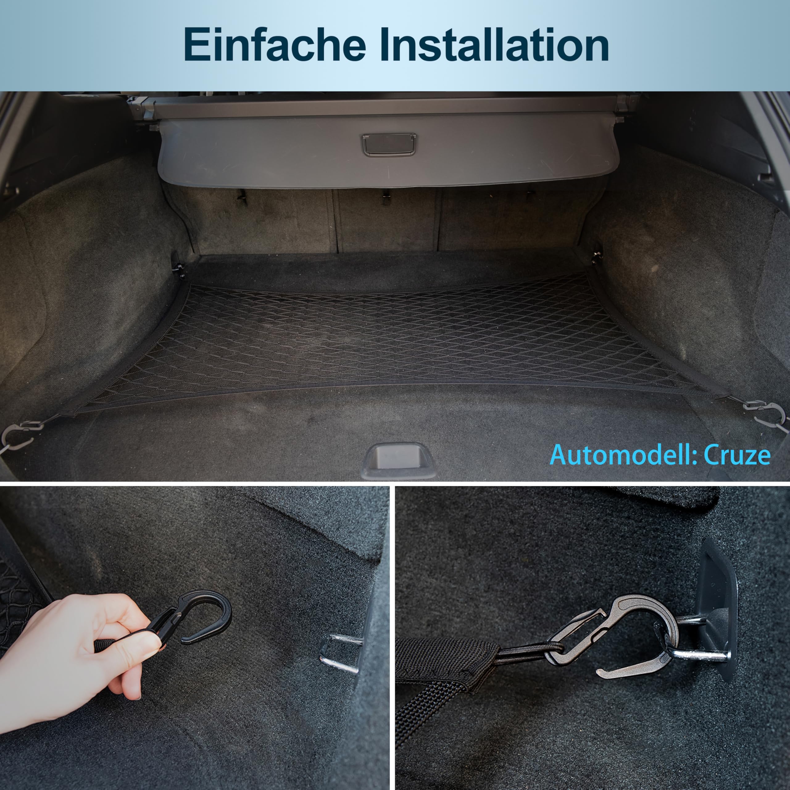 Filet de Coffre 60 x 40 cm – Extensible à 155 x 120 cm, élastique, 4 Crochets ABS – pour Voitures, SUV et camionnettes