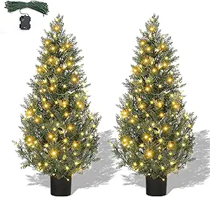3 Ft Artificial Topiary Trees for Outdoors, 2 Pcs Outdoor Artificial Cedar Tree with 78 LED Lights, 8 Light Mode, UV Resistant Faux Evergreen Fake Pine Cypress Trees for Front Porch Door