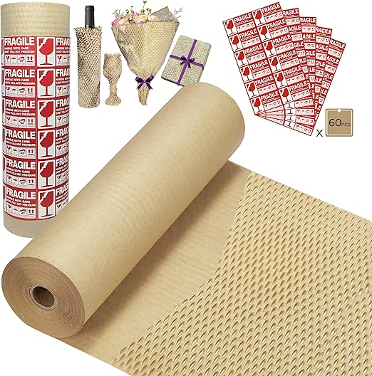 Honeycomb Packing Paper Wrap 15''x265', Substitute Alternative for Bubble Cushioning Wrap for Moving Shipping Packaging, Recyclable Moving Supplies with 60 Fragile Sticker Labels