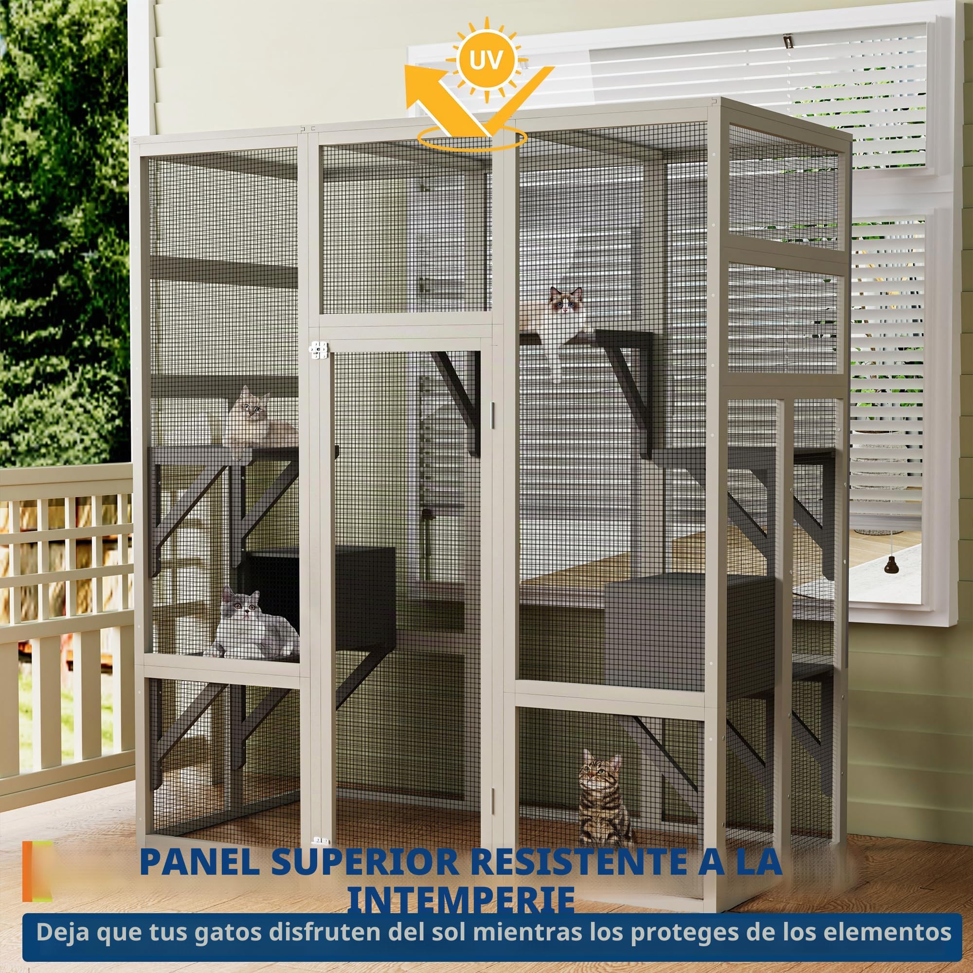 Catio Outdoor - Recinto para gatos grande con techo impermeable, 5 plataformas y 2 cajas de descanso, jaula para gatos al aire libre, ofrece espacio para hasta 6 gatos, casas pequeñas para jardín