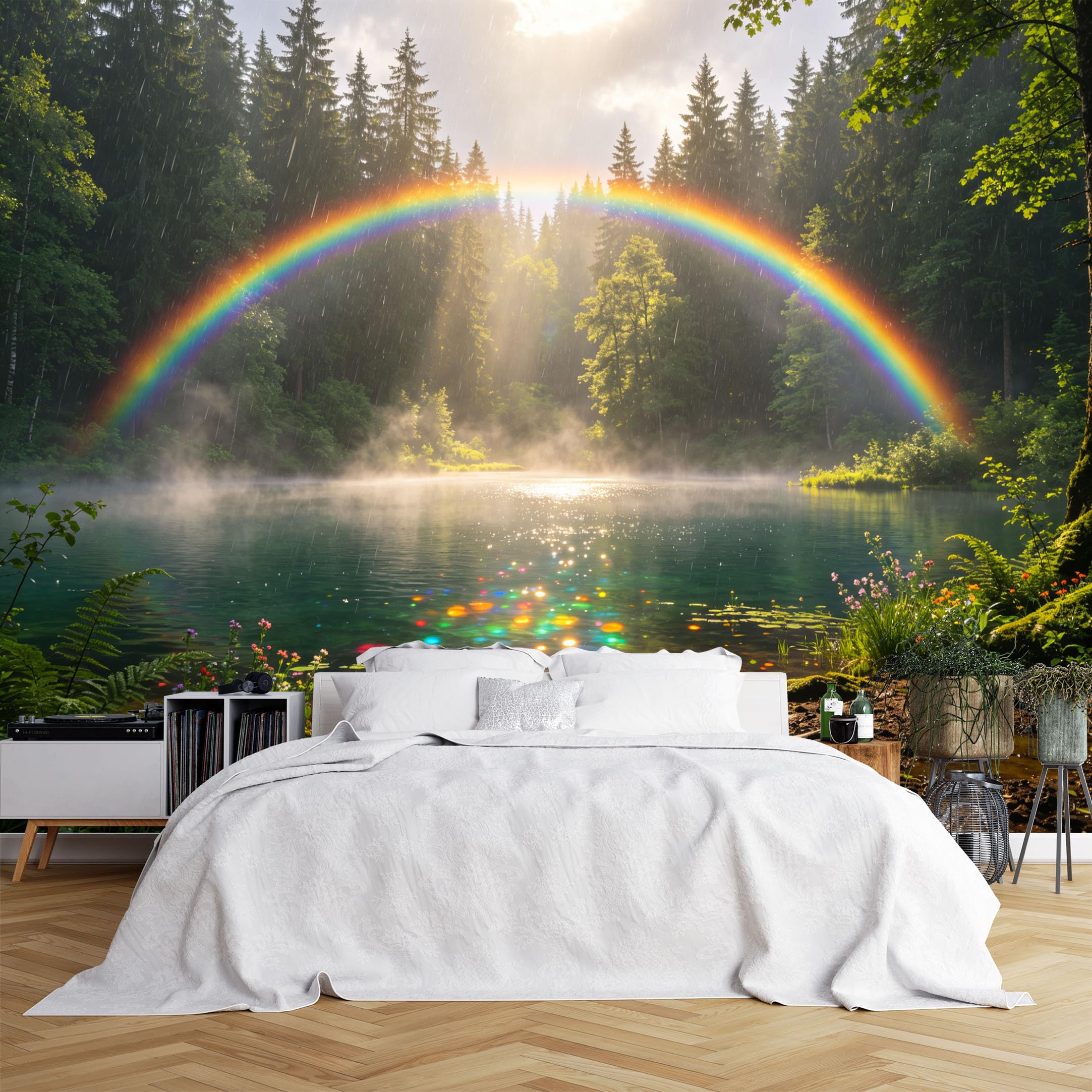 Lcythiazole Ch260615114 Custom Size Wall Murals Rainy Forest Lake Rainbow Reflection Scenery Wall Murals Realistic Nature Wallpaper Wall Covering Fabric Self-Adhesive Removable Wallpaper