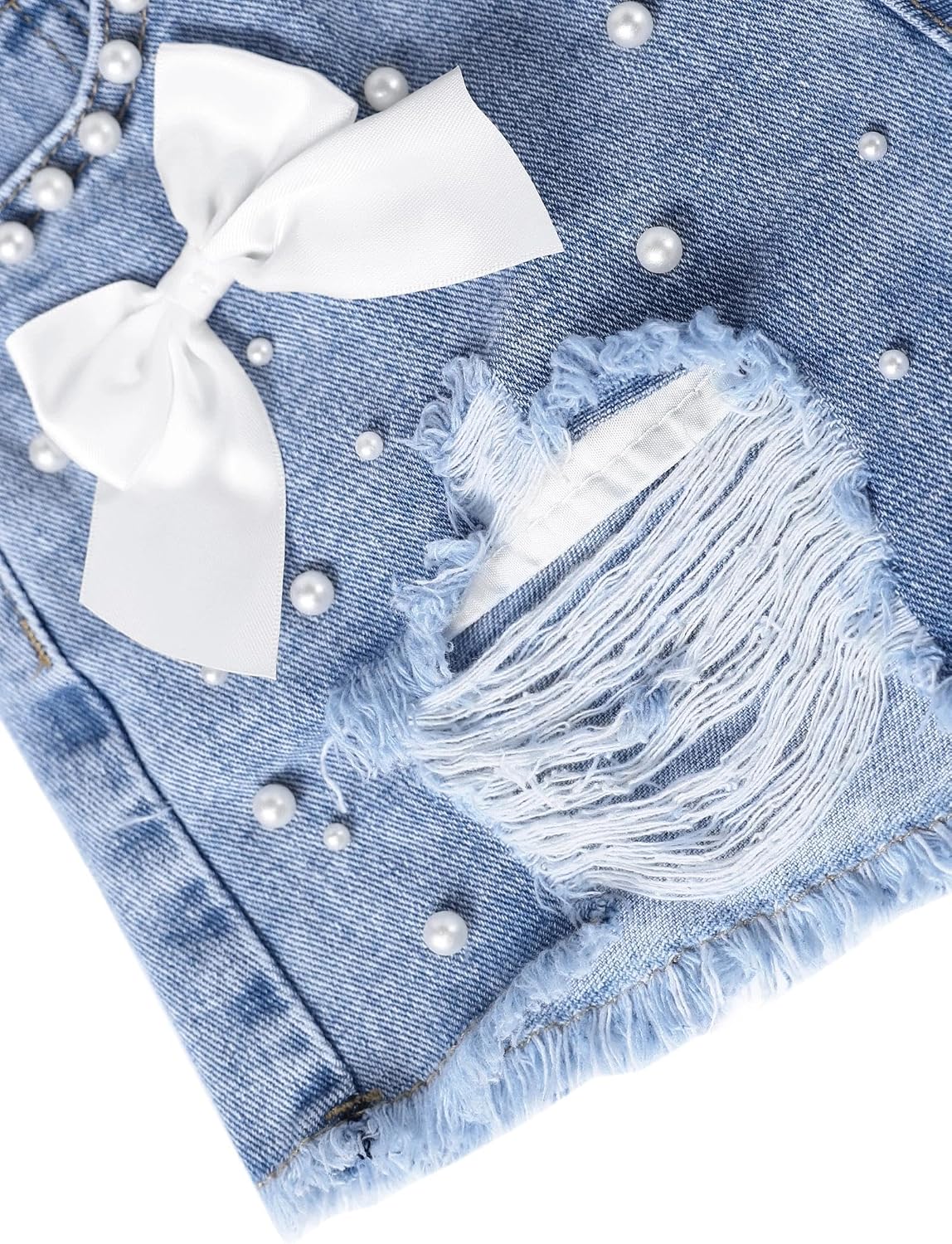 Girls Jean Shorts Pearl Bownot Ripped Distressed Cute Straight Leg Denim Shorts