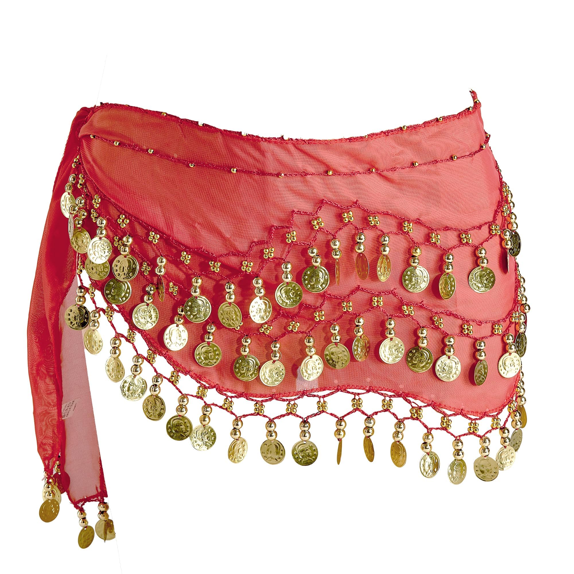 Bufanda Danza del Vientre Mujer con 128 Monedas de Oro para Carnaval Fiesta Rojo