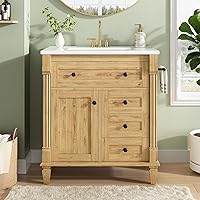 LIKIMIO 30 Inch Modern Bathroom Vanity with Sink, Adjustable Solid Wood Legs, Towel Holder, Soft-Close Drawers & Shelf - Natural Finish