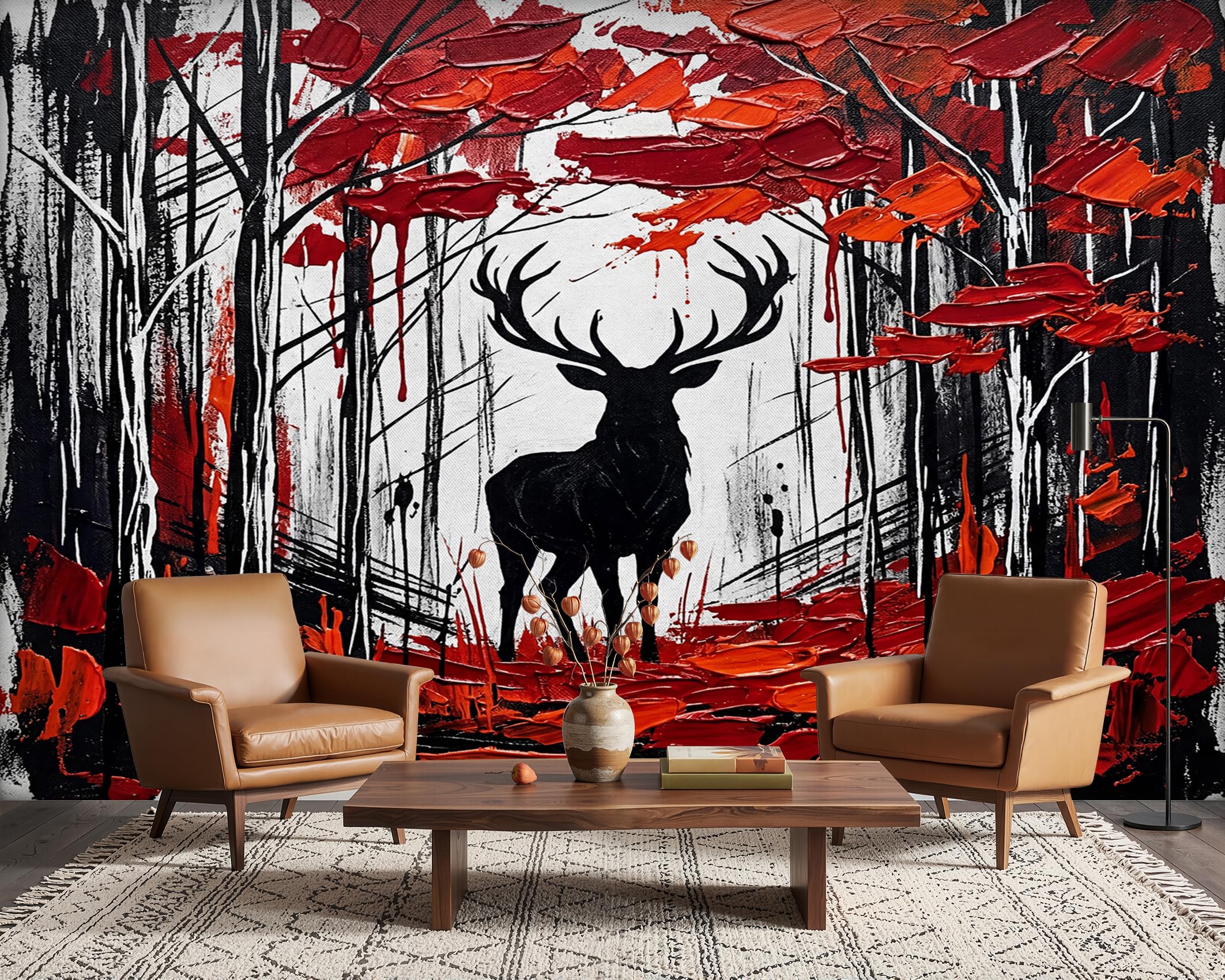 PaxGloz Forest Stag Photo Wallpaper, Red and Black Abstract Wall Mural for Living Room & Bedroom, Non-Woven Decorative Wall Art 100x70 cm