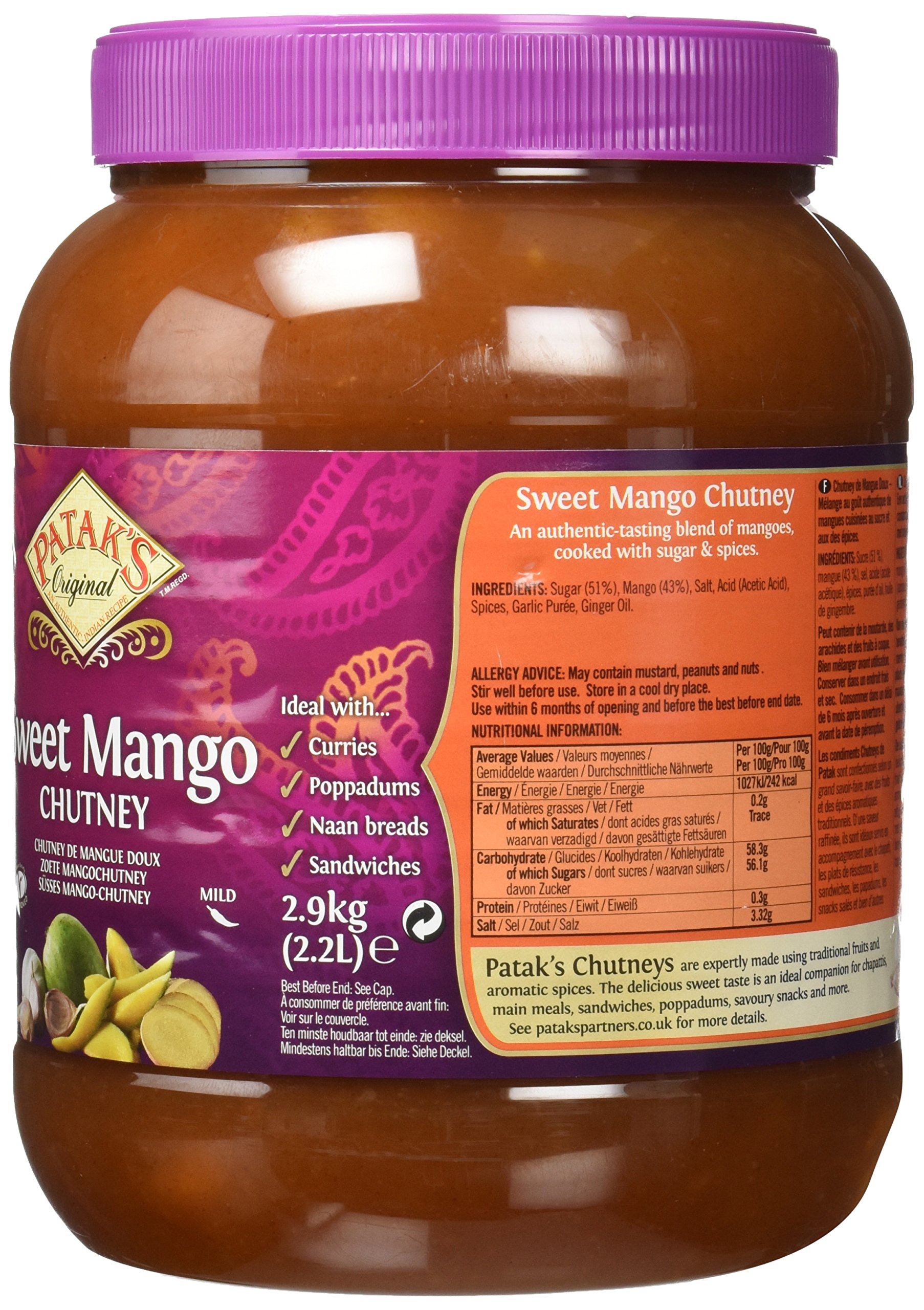 PATAK'S Chutney Mango Dulce Salsa Picante Crema Untar Frutas Exóticas Vegetales Comida India 2900 g