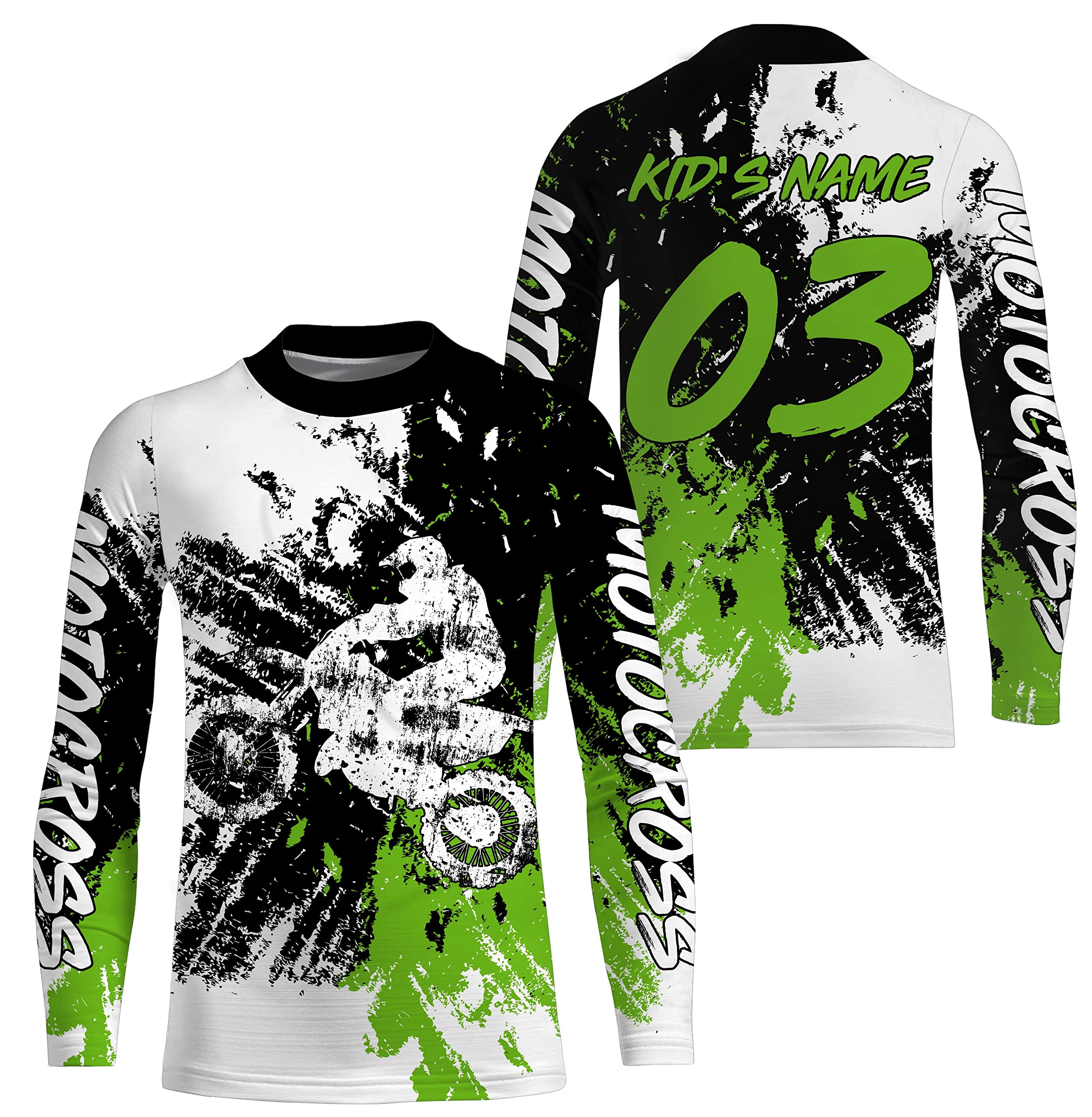 Kid Motocross Race Personalized Jersey Youth Long Sleeves, Dirt Bike Motorcycle Off-Road Riders Biker Racewear| NMS332 (Medium) Green