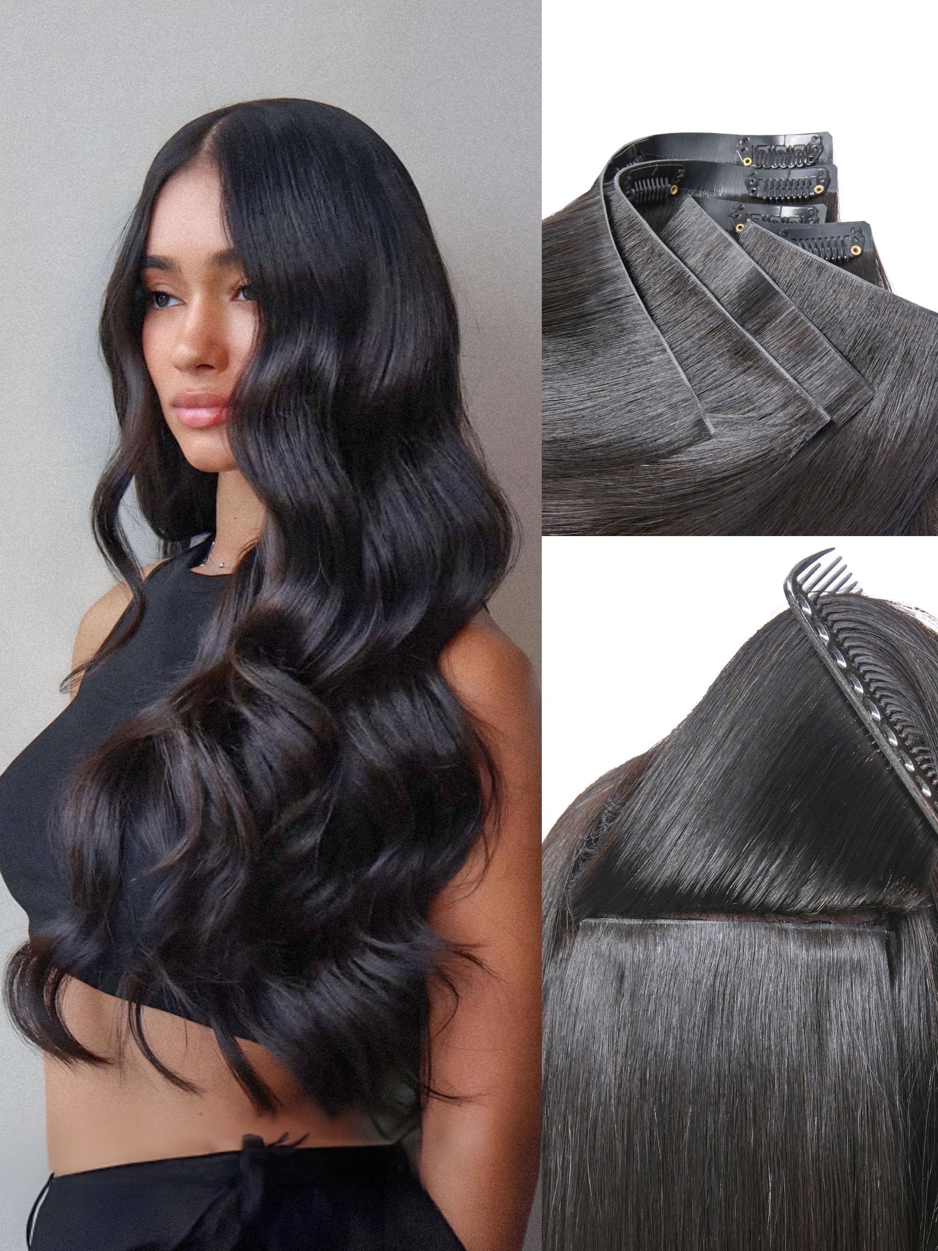 LUVME Invisible Clip in Hair Extensions Body Wave Real Human Hair, Remy Hair Clip ins for Women, Natural Human Hair, 20 inch 110g 6Pcs, Natural Black 20" Body Wave