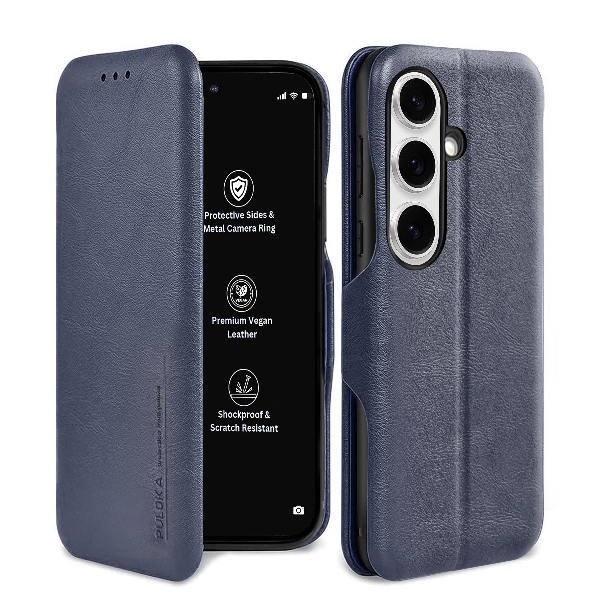 PULOKA for Samsung Galaxy S24 - Sleek Flip Case - Premium Vegan Leather Phone Cover with Card Slot - Slim, Durable, Privacy Protection - Kickstand Function - Elegant Flip Wallet Cases - Blue