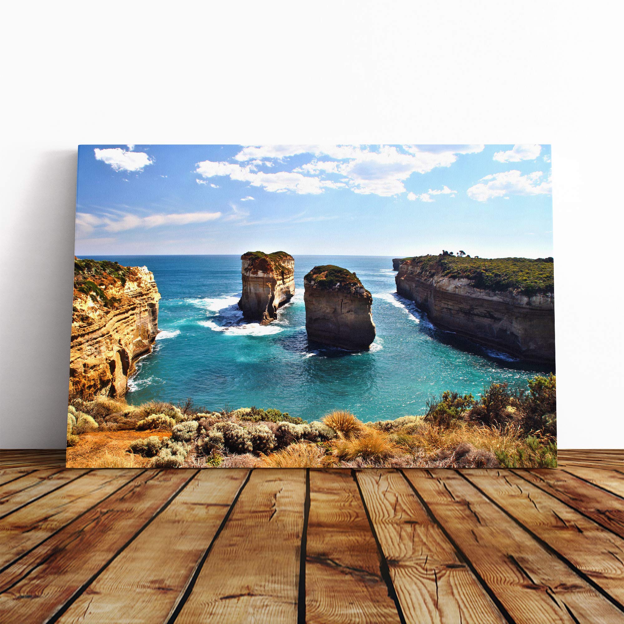 Landscape Iceland Cliffs Coast Shore Archways Canvas Print | Gallery Wrapped 30mm Frame Wall Art | 24x16 inches | Ready to Hang | Modern Seascape Picture | Living Room Bedroom Lounge Office