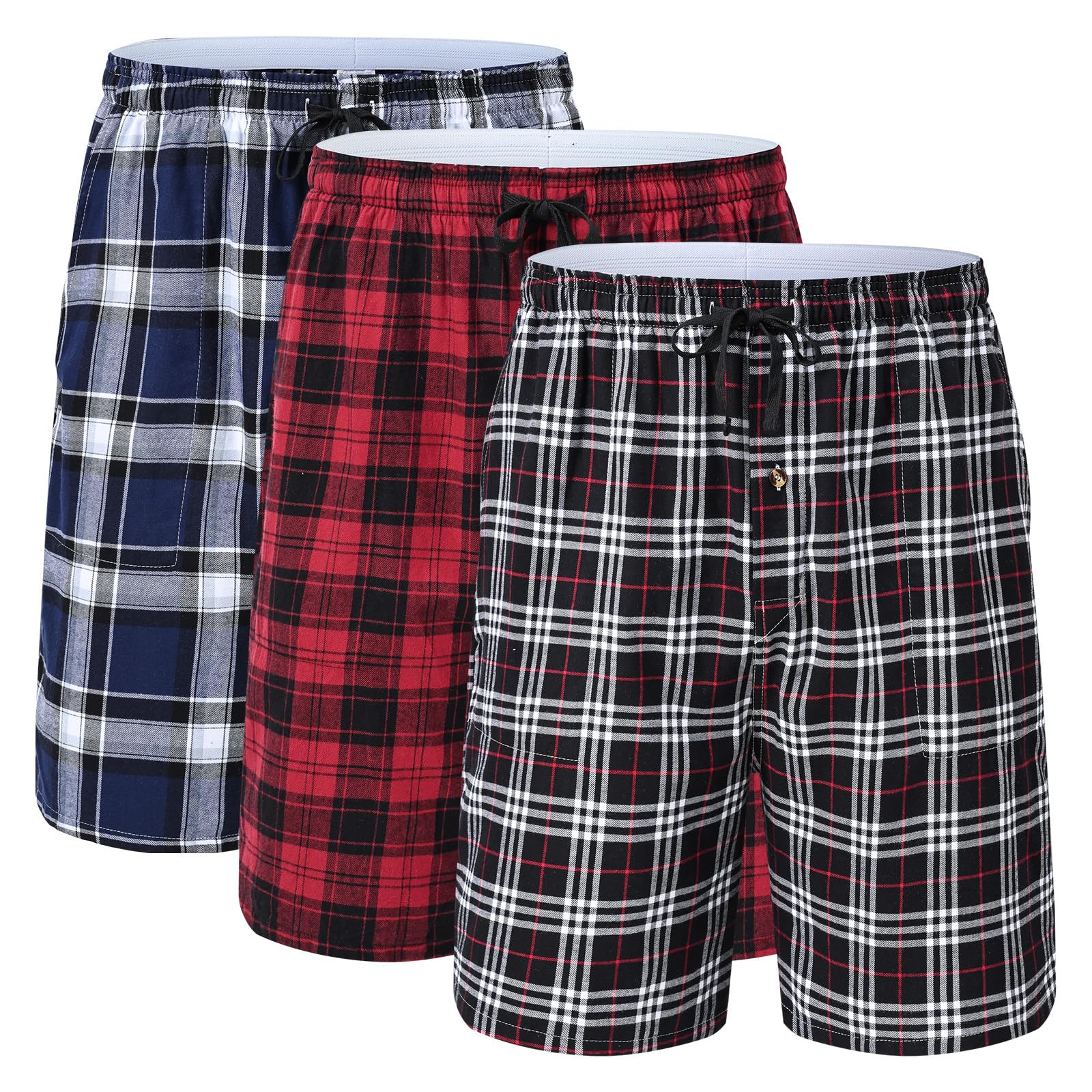 Huayuzh Schlafanzughose Herren Kurz Pyjama Baumwolle 3er Pack Kariert Schlafhose Weich Atmungsaktiv Taschen Knopfleiste