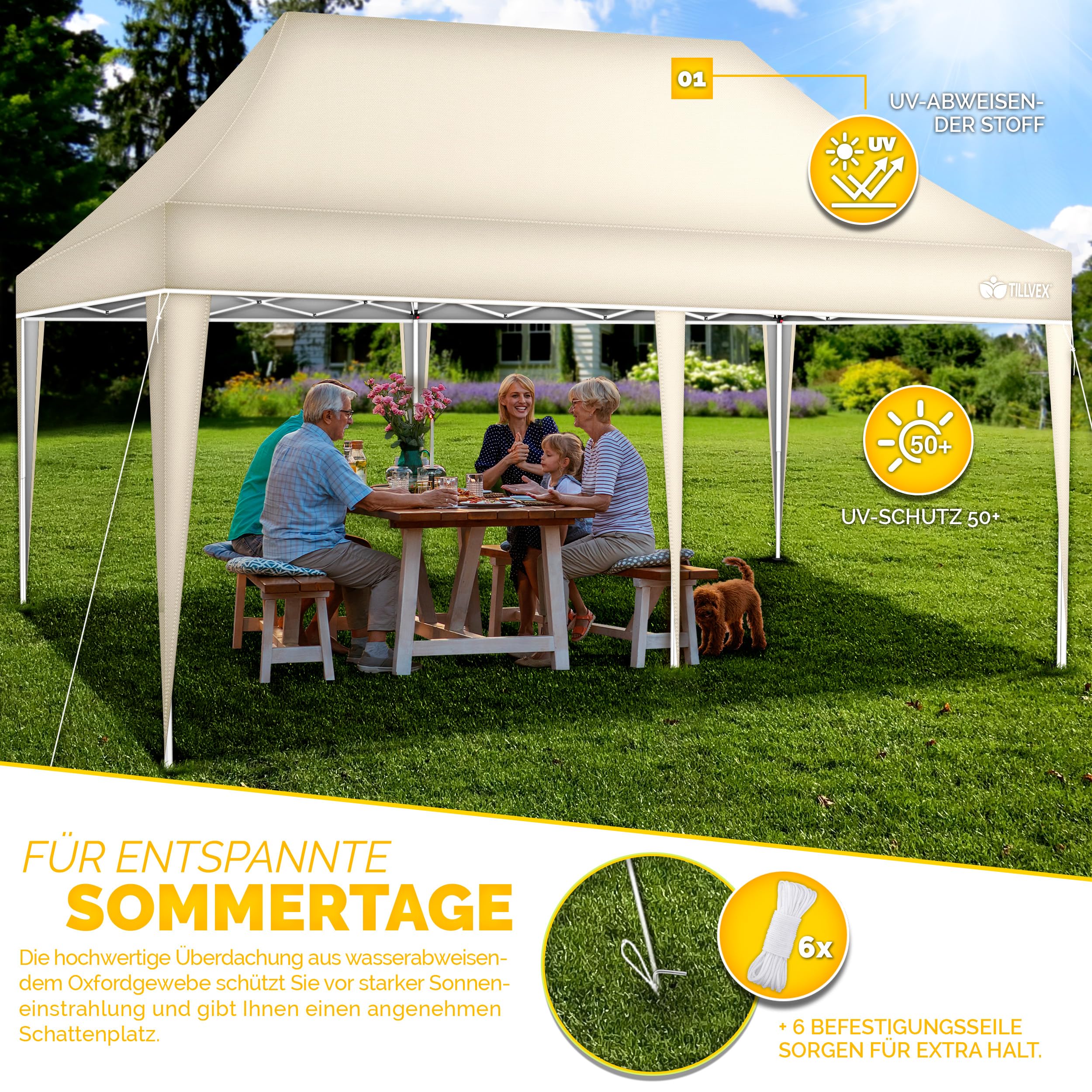 tillvex® Pavillon 3x6m Wasserdicht + 4X Sandsäcke | Stabil & Winterfest