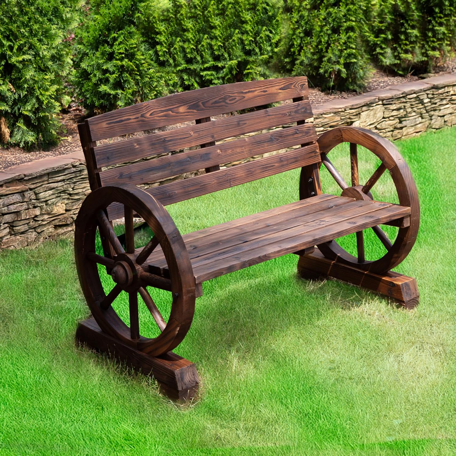 Zingz & Thingz Rustic American Old West Outdoor Home & Garden Wooden Wagon Wheel Bench, 42.25x21x31, Brown
