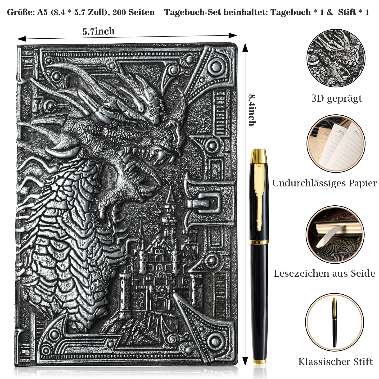 Taccuino In Pelle Con Drago 3D - Diario A5 Rigato, Con Penna, Per Uomini E Donne - Foto 3