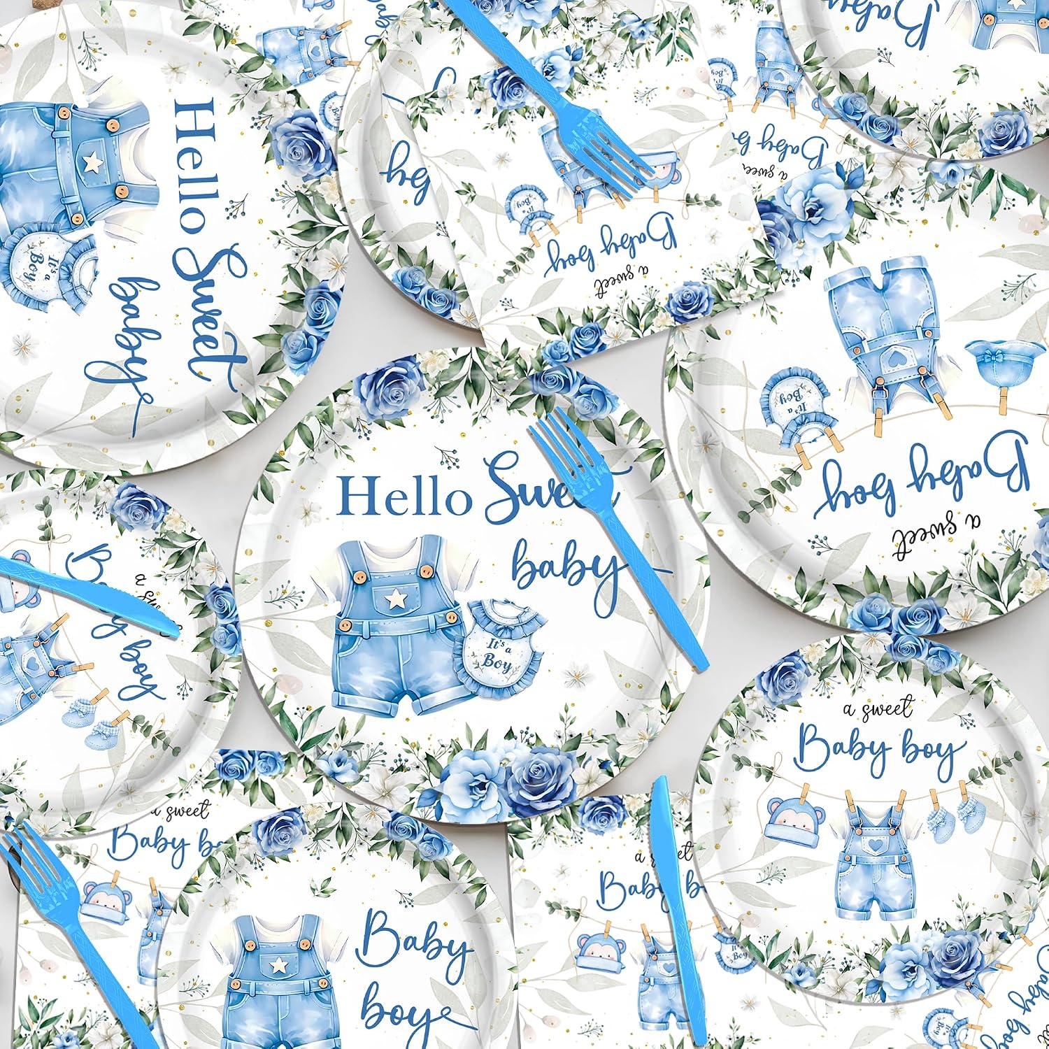 168PCS Blue Baby Boy Shower Decorations,Baby Shower Theme Party Tableware Set Plates Napkins Cups,for Boy Baby Shower Decorations Serves 24 Guests