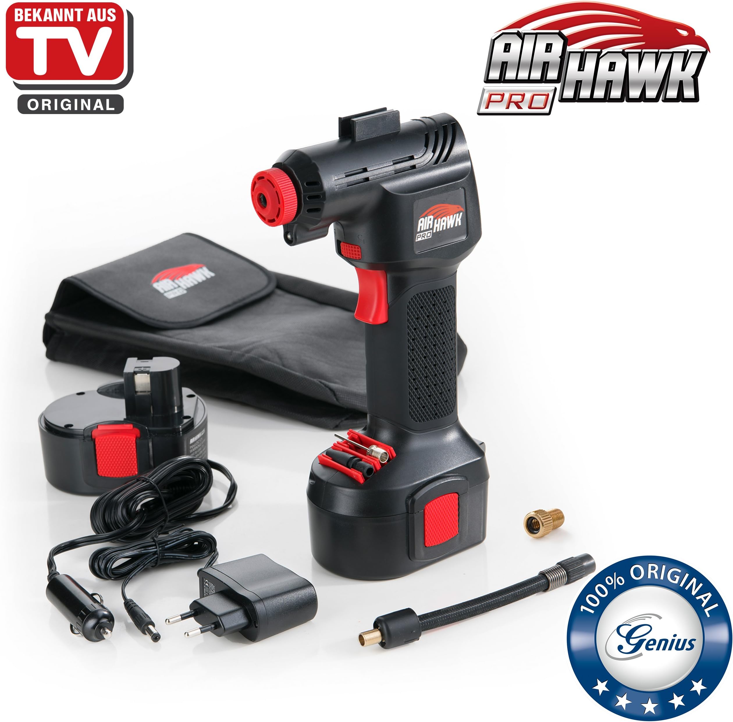 Genius A20001 Air Hawk Pro | 8 Parts Air Compressor Electric Air Pump | incl. battery and Car Adapter | inches