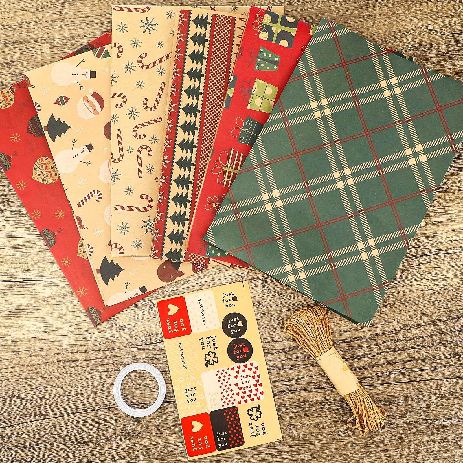 Set Carta Regalo Natalizia Vintage 6 Fogli Con Etichette E Nastro | 70x50 Cm, Tema Babbo Natale E Albero, Carta Kraft