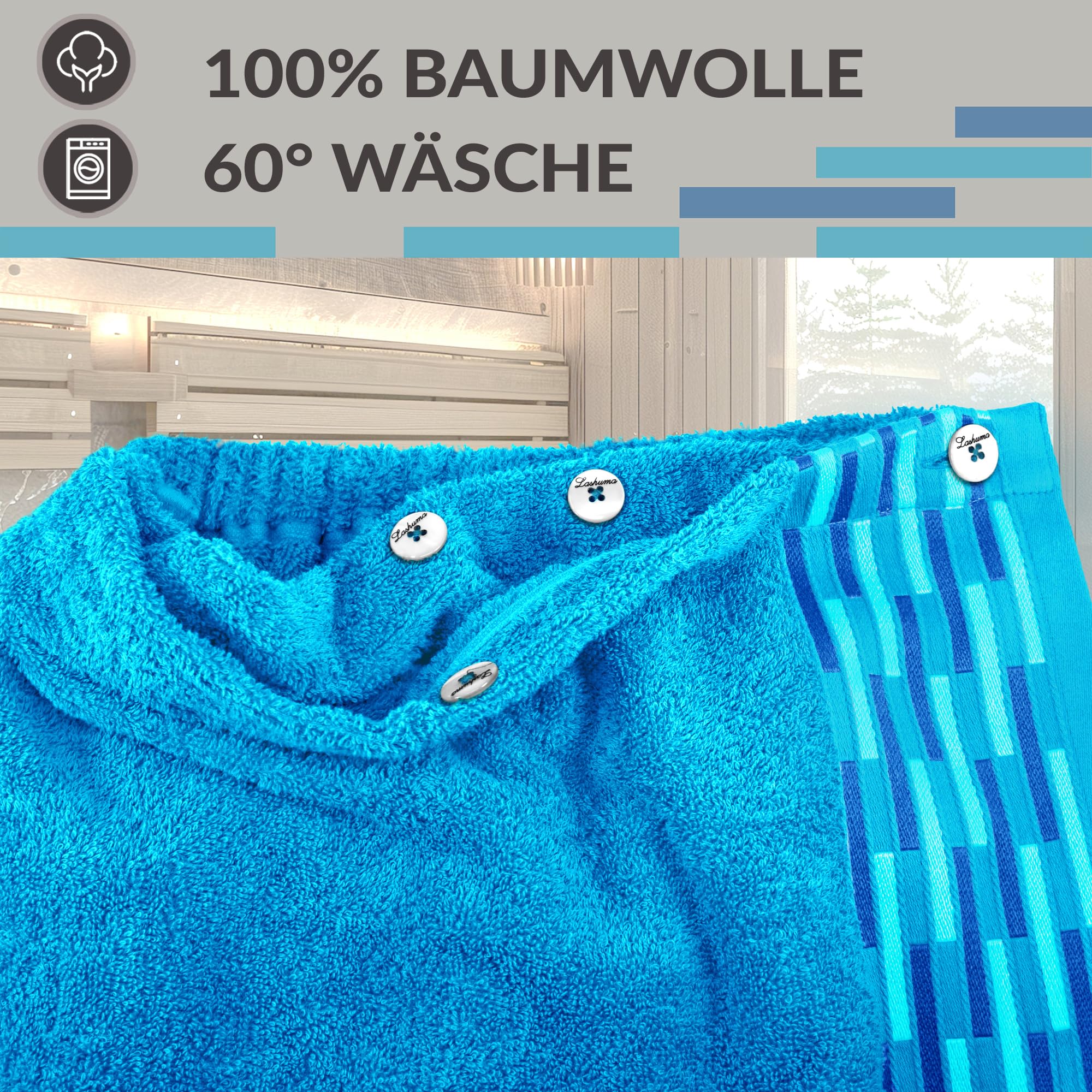 Lashuma Saunakilt Damen 75x150 cm | Lugano Saunahandtuch mit Knöpfen | Premium Saunatuch Blau - Aquamarin | Flauschig & Weich