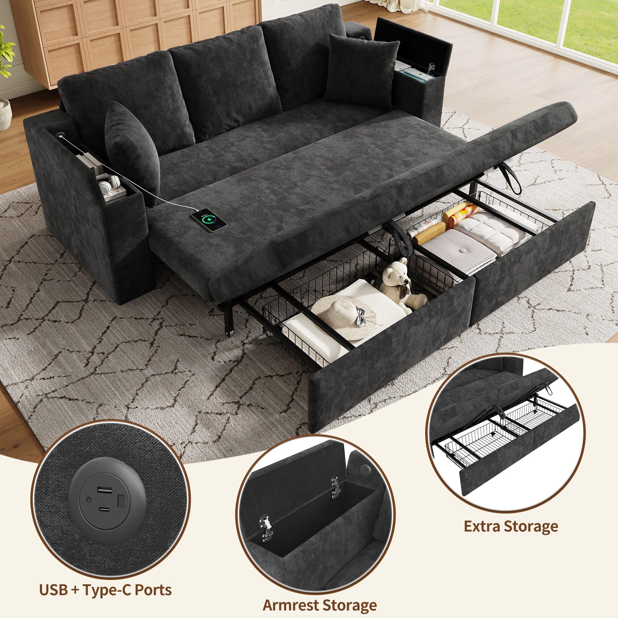 3-in-1 multifunktionales 3-Sitzer Sofa mit Schlaffunktion, ausziehbarem Metallrahmen, Stauraum, Armlehnen-Ablage, Grau.