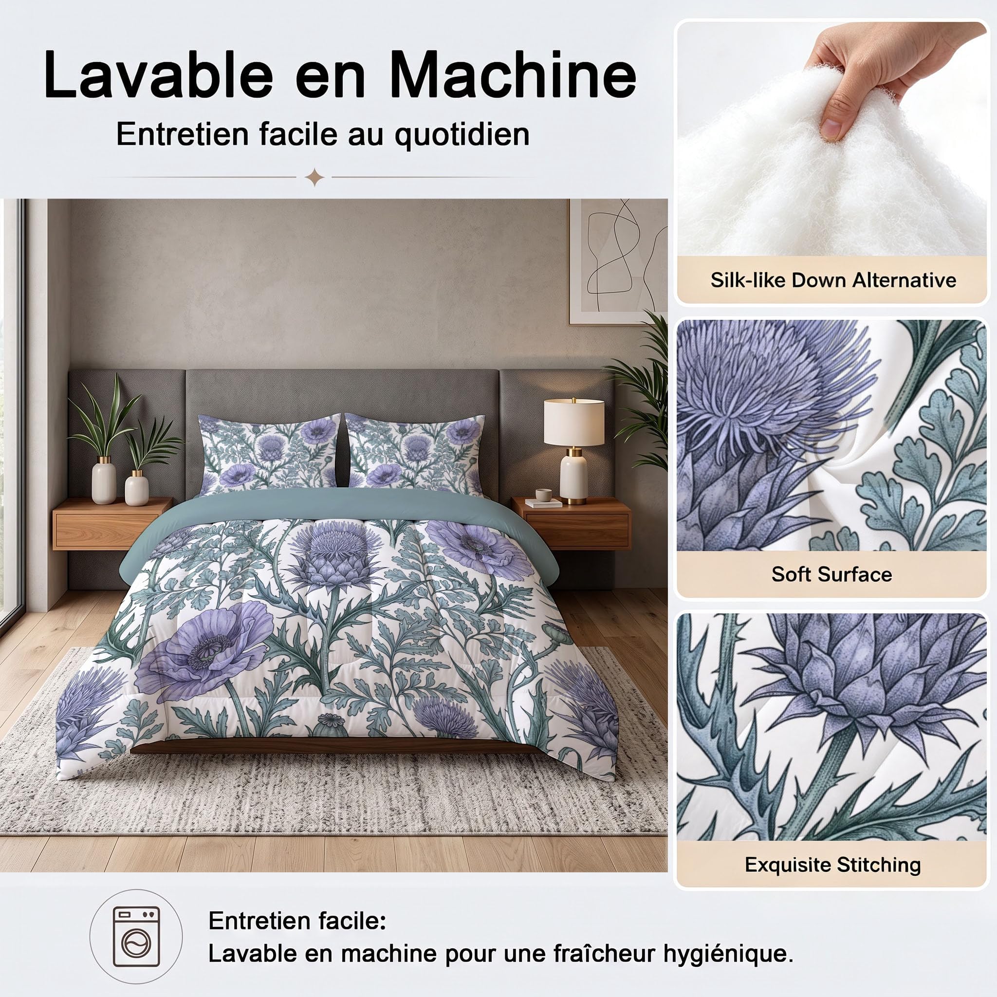 Bettdecke Ohne Bezug 140x200cm Distel Mohn 4 Jahreszeiten Steppdecke | Englische Vintage-Blumen Weich Kuschelig Bettbezug Set - Waschbar Warme Bettbezug Set Mit 2 Kissenbezug
