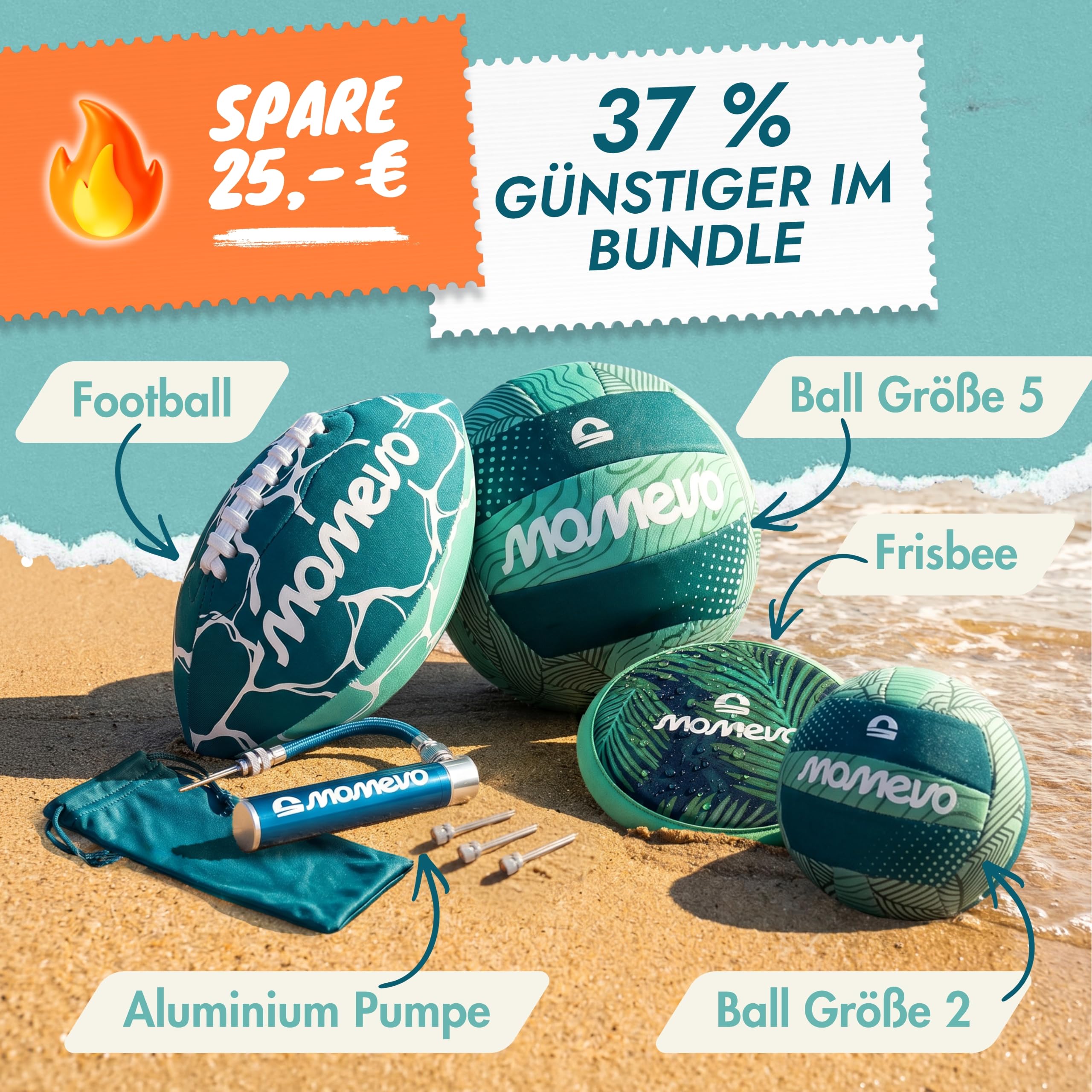 BeachBuddy Set Juguetes Agua Neopreno, 5 Piezas | Con 3 pelotas de agua, frisbee y bomba, suave y ligero para playa, piscina y jardín