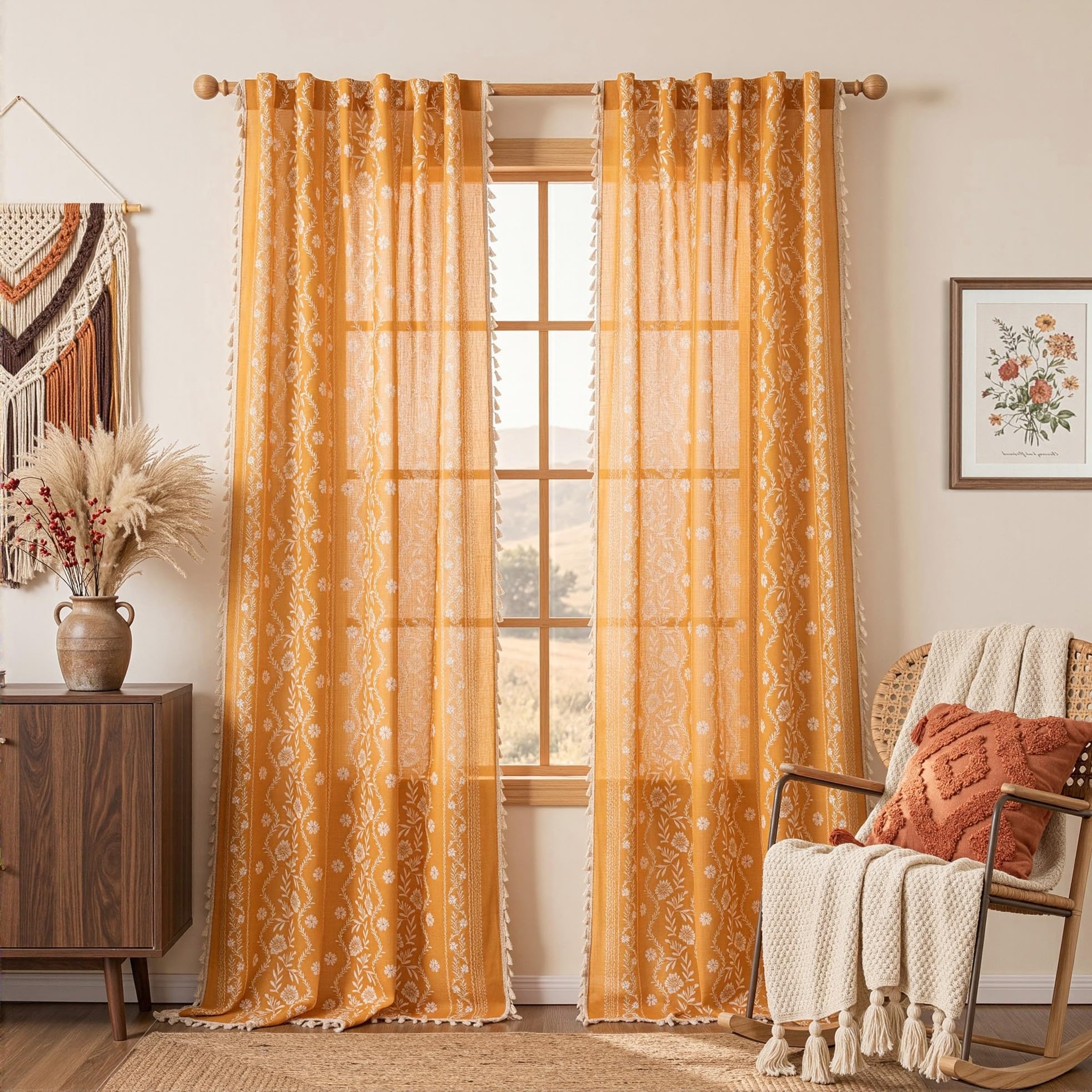 MYSKY HOME Boho Floral Curtains 102 Inch Long for Living Room Golden Yellow