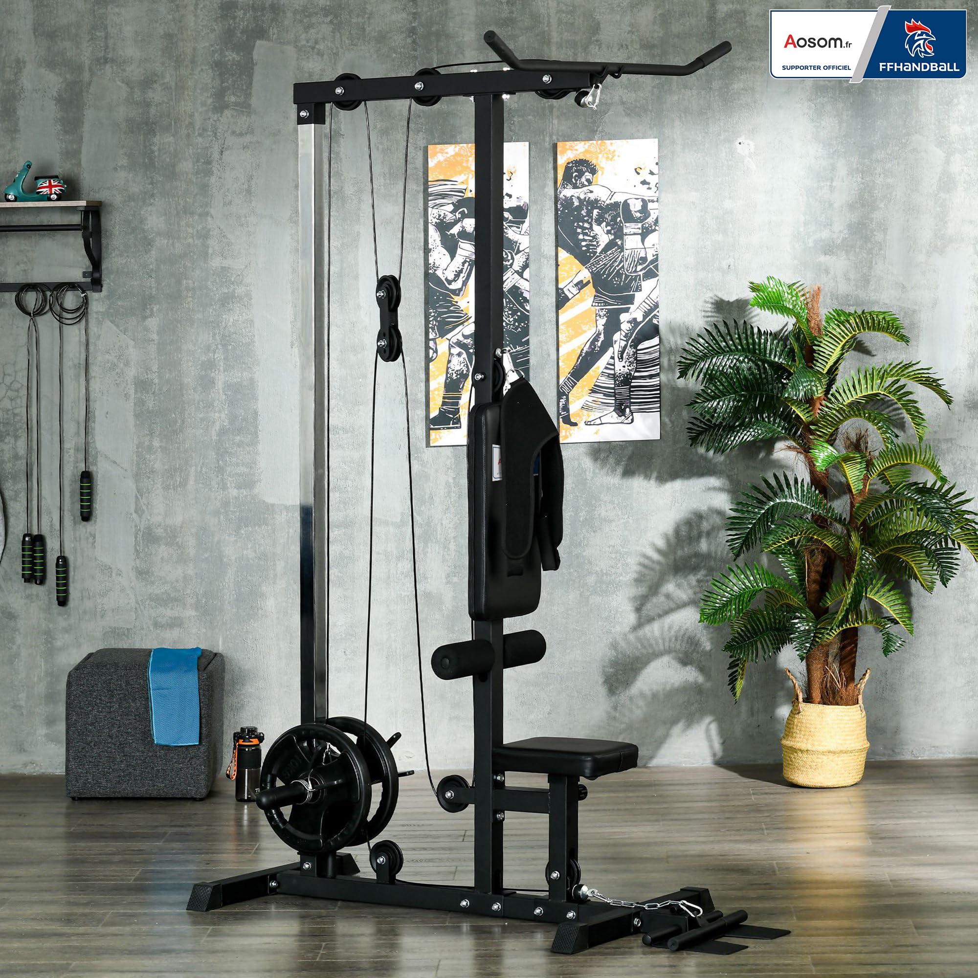 SPORTNOW Estación de entrenamiento - Aosom.FR x FFHandball - Estación de polea, tiro de pecho - LAT pulldown Machine - Banco de culturismo, parte superior del cuerpo (negro FFH)