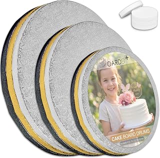 Sleek Cake Board Drums 8, 10 & 12 Inch in Silver, Gold & Black Color (9 Pack) | 1/2" Thick CakeBoard Circle Rounds + Free Prop Up Tools | Fully Greaseproof, Sturdy for Heavy/Tiered Cakes