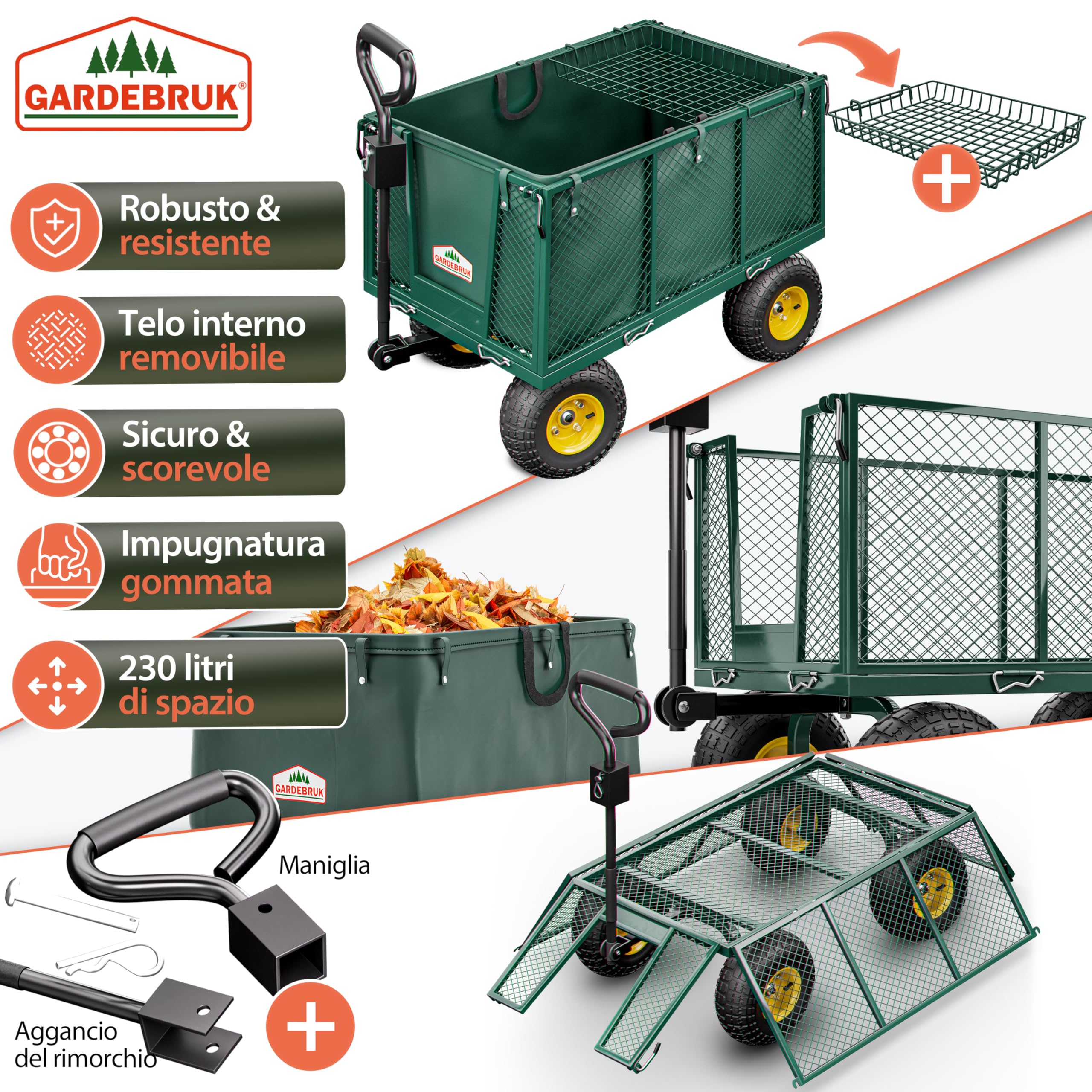 GARDEBRUK® Carrello Portatutto con Ruote 550 kg Rimorchio Carretto Grande da Giardino con Borsone in Tela Rimovibile