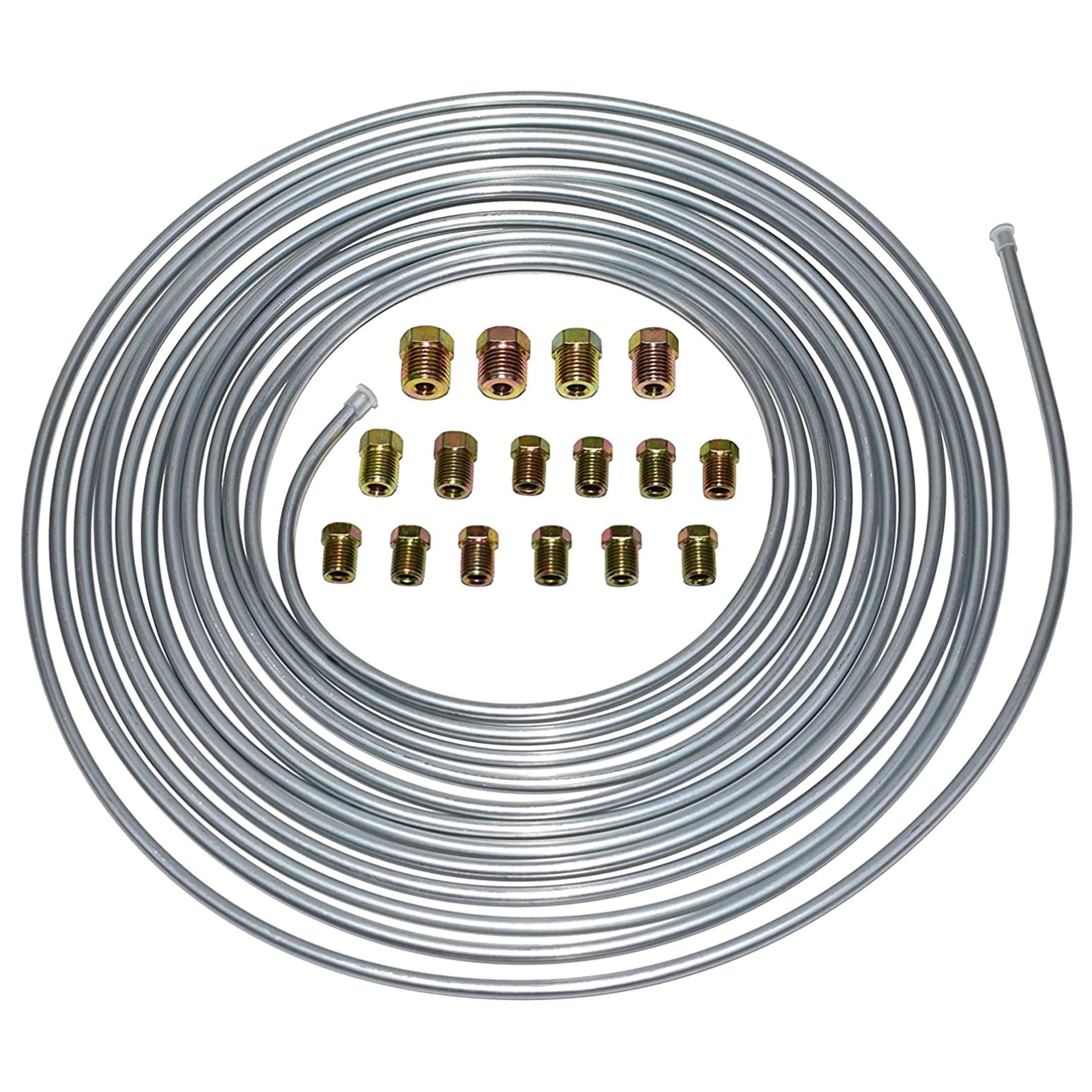A-Team Performance - 3/16'' Double Walled Galvanized Steel Tube Roll Brake Line Kit - With 16 Piece Fittings For Hydraulic Braking Systems, Fuel, And Transmission System 25 Feet
