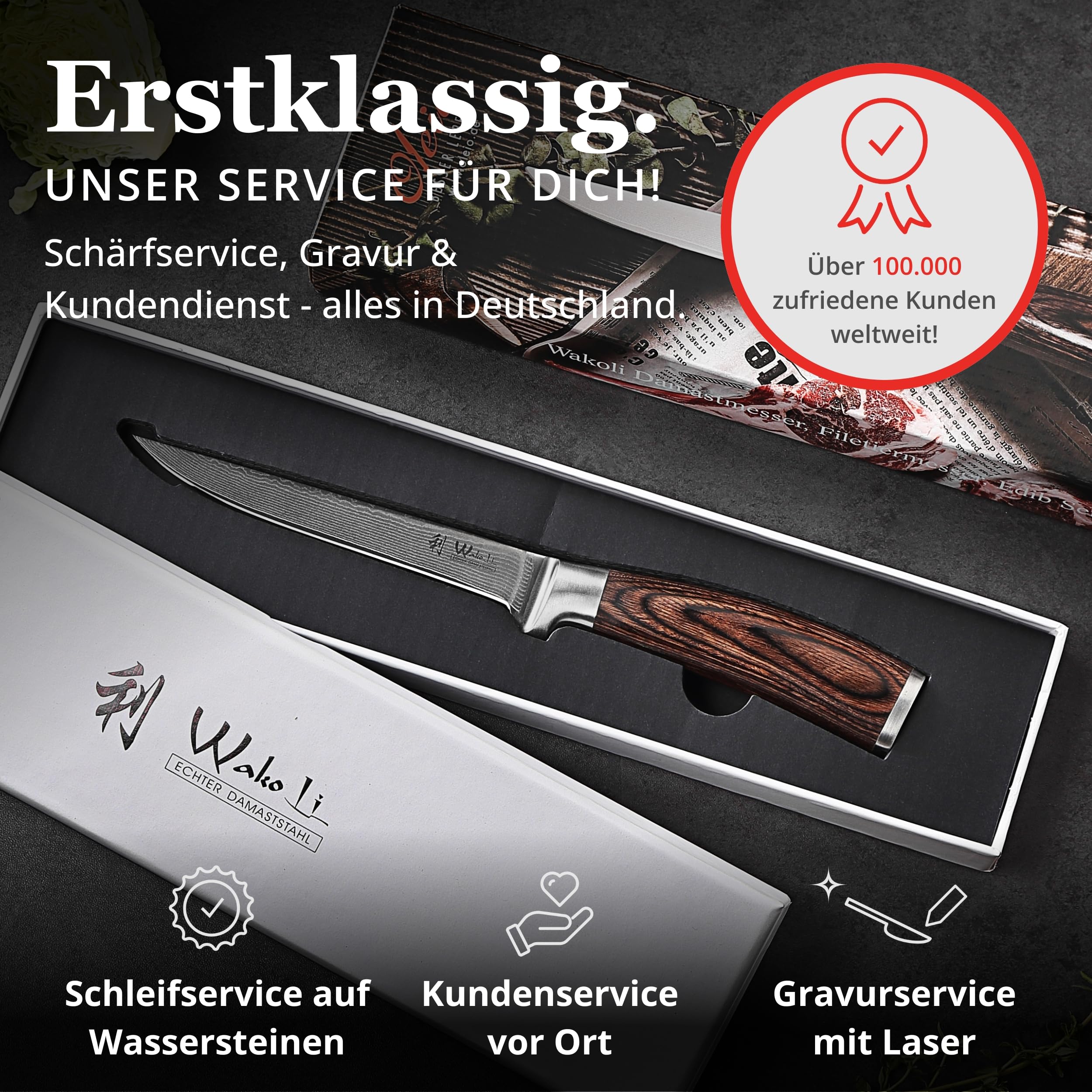 Wakoli EDIB Ausbeinmesser aus echtem Damaststahl (VG10 Kern) mit 14,5 cm Klinge – Scharf und ergonomisch – Damastmesser mit Pakkaholzgriff in Geschenkbox – Damast Filetiermesser für Fisch & Fleisch