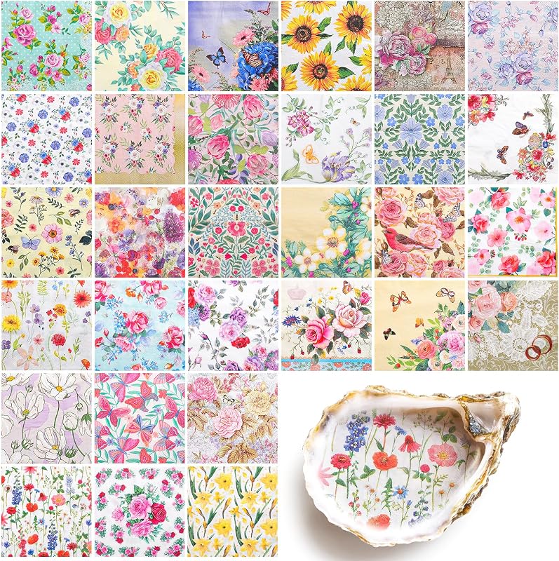 NatNarr 30 Pack Decoupage Napkins, 30 Styles Vintage Floral Napkins | Chinoiserie Decorative Decoupage Toile Napkin Floral Cocktail Napkin for DIY Crafting Summer Party, 13 * 13 Inch