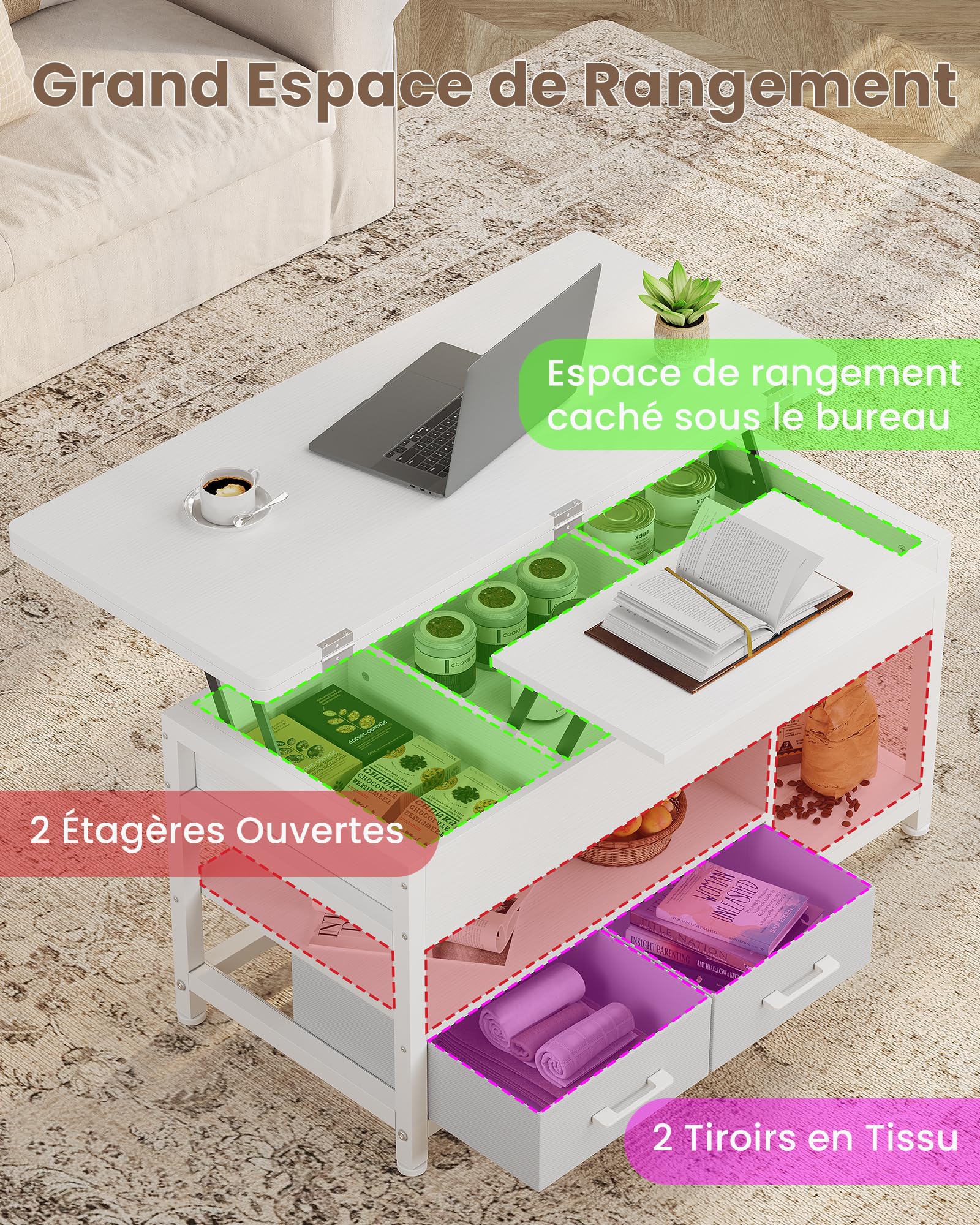 KIMENICH Table Basse Relevable, Table à Manger avec Plateau Pliant, avec 2 Tiroirs, avec Étagère de Rangement et Compartiment Caché, Tables Basse Extensible 3 en 1 pour Salon, Bureau (Blanc)