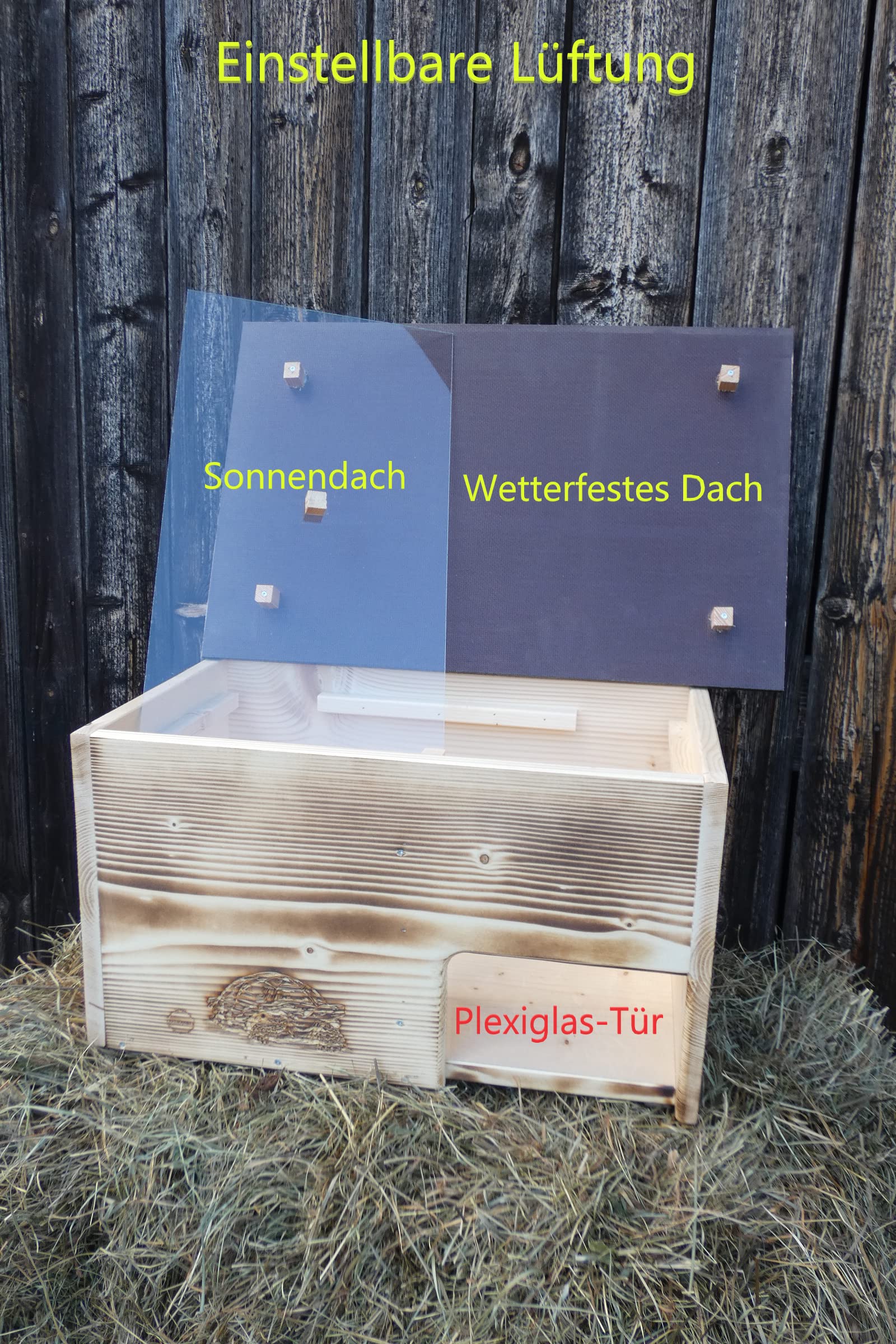 ARBRIKADREX Schildkröte Premium Schildkrötenhaus XXL (L:60cm; B.40cm; H:31cm) mit Sonnendach, Windfang, Einstellbarer Belüftung und Plexiglastor 18mm Vollholz Fichte (geflammt)