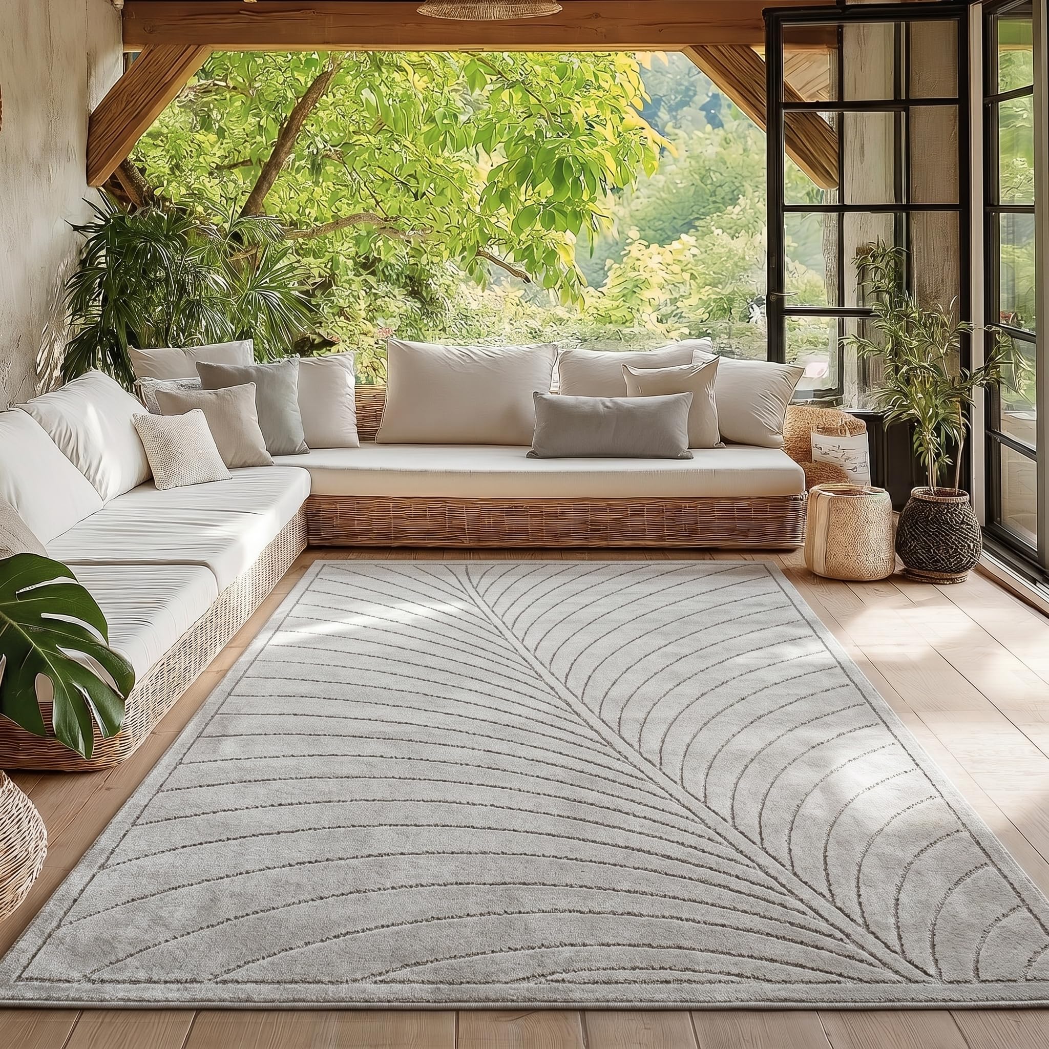 HomebyHome Kurzflor Teppich Wohnzimmer Schlafzimmer 3D Hoch-Tief-Effekt, Skandinavisch Boho Motiv, für Outdoor Bereich geeignet Terrassen oder im Balkon