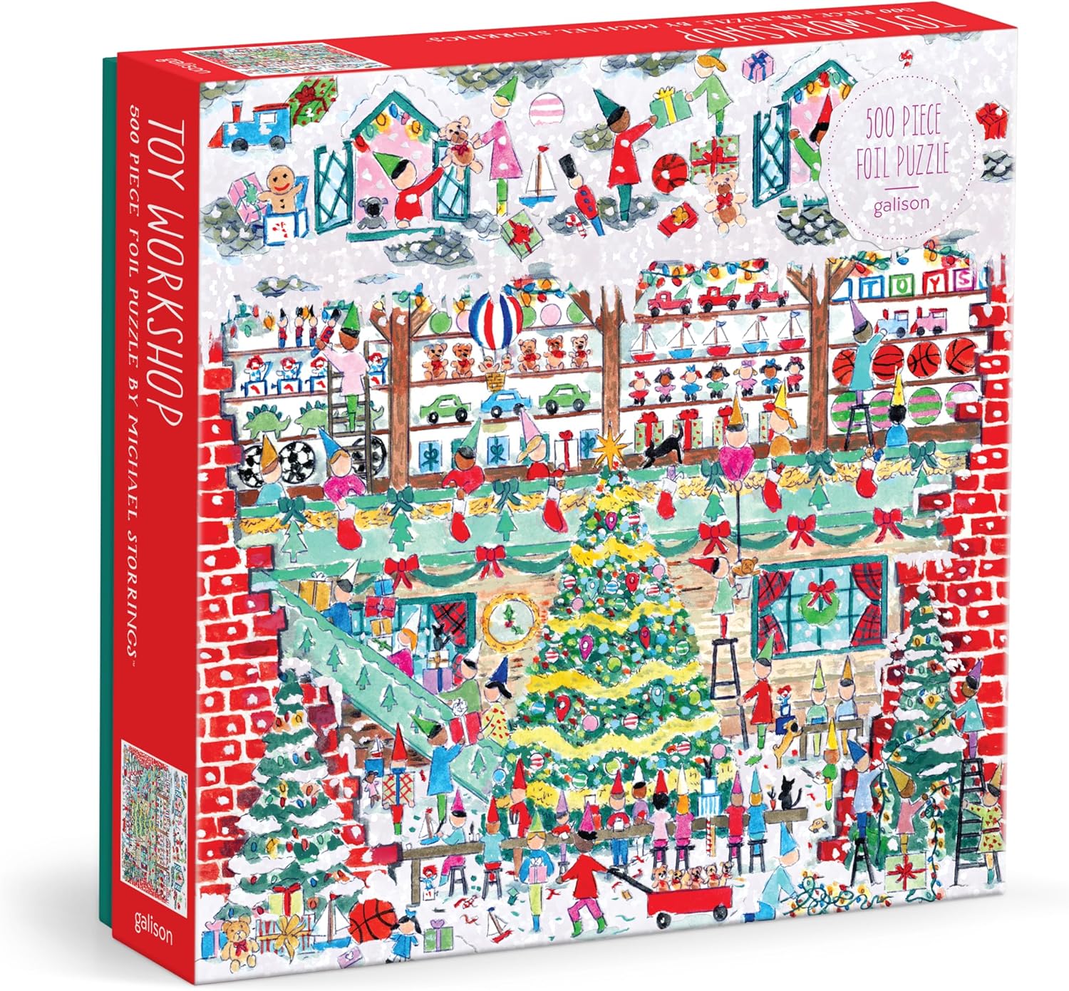Galison Toy Workshop – 500 Piece Michael Storrings Foil Jigsaw Puzzle Featuring Beautiful Artwork of A Christmas Toy Workshop with Frosty Foil Accents