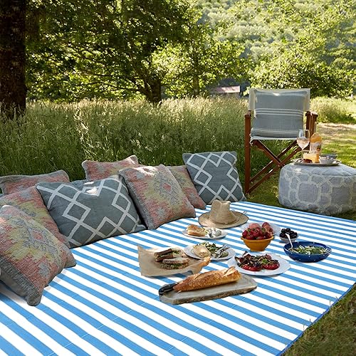 Miniatura 5 de Alfombras reversibles a rayas para exteriores para decoración de patio, 7 x 18 pies, impermeable, alfombra de área grande, paja de plástico,