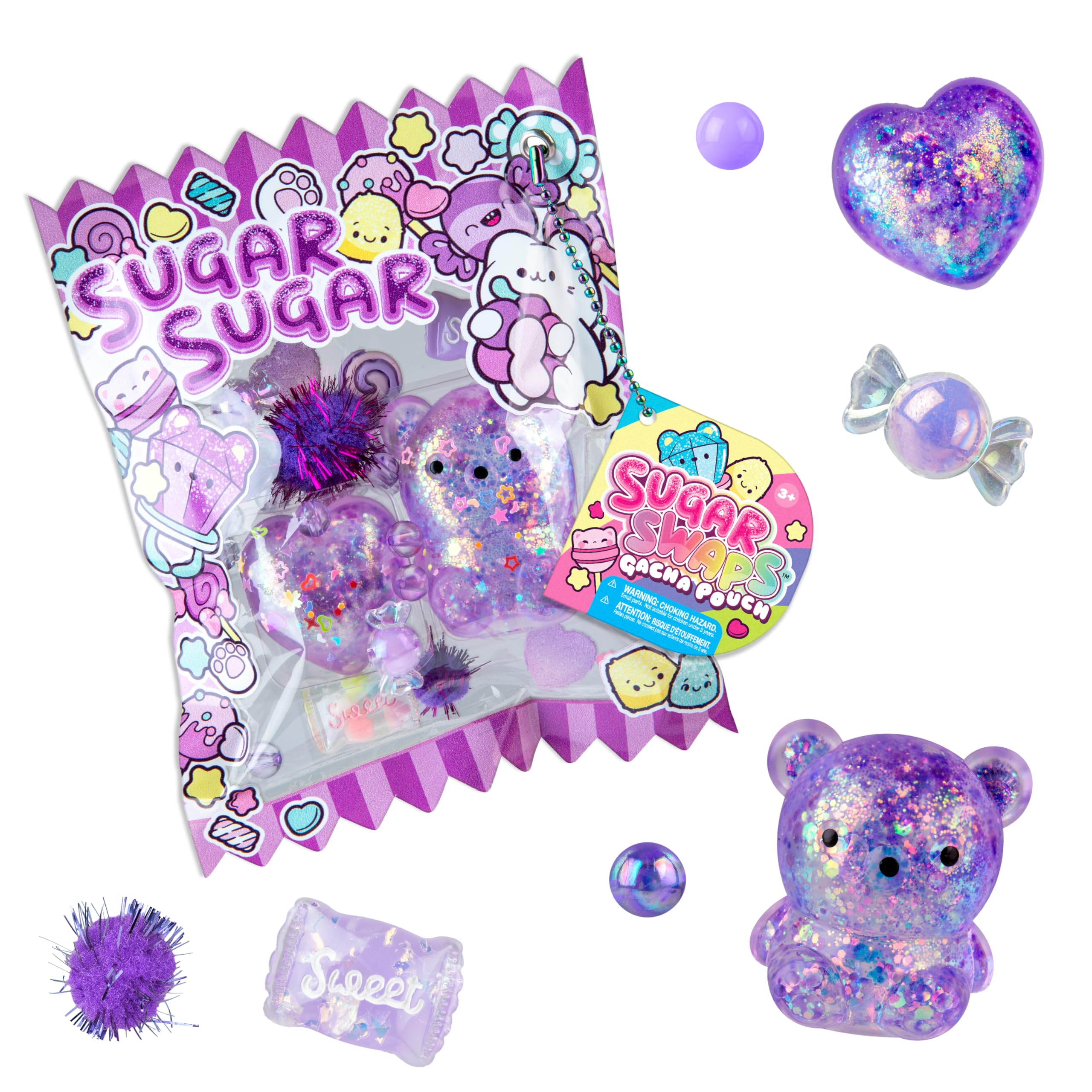 ORB Sugar Swaps Gacha Pouch Squishy Keychain Charm - Purple Gachapon Style Pouch with Sparkly, Squishy Bear and Heart - Squish, Collect, Trade - Fidget Stress Toys for Kids, Backpacks, Keys, Bags