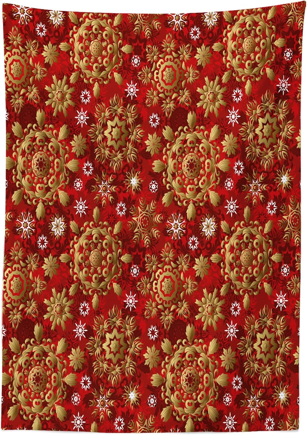 Ambesonne Red Mandala Tablecloth, Christmas New Year Ornaments Inspired Floral Design, Rectangular Table Cover for Dining Room Kitchen Decor, 52" X 70", Yellow Vermilion 52" X 70" Yellow Vermilion