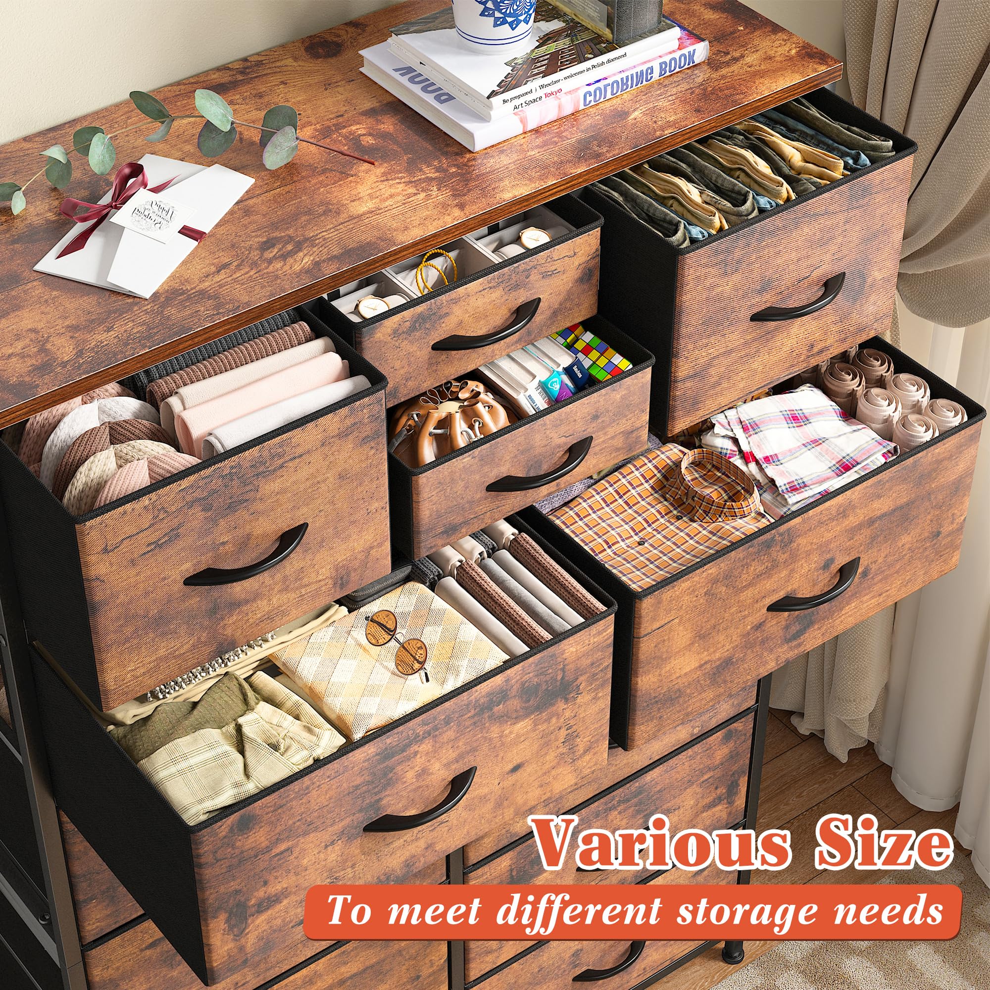 EnHomee 14 Drawer Dresser, Tall Dressers for Bedroom, Large Bedroom Dressers & Chests of Drawers, Sturdy Metal Frame & Wood Top, Easy Assembly, Closet, Living Room, Rustic Brown