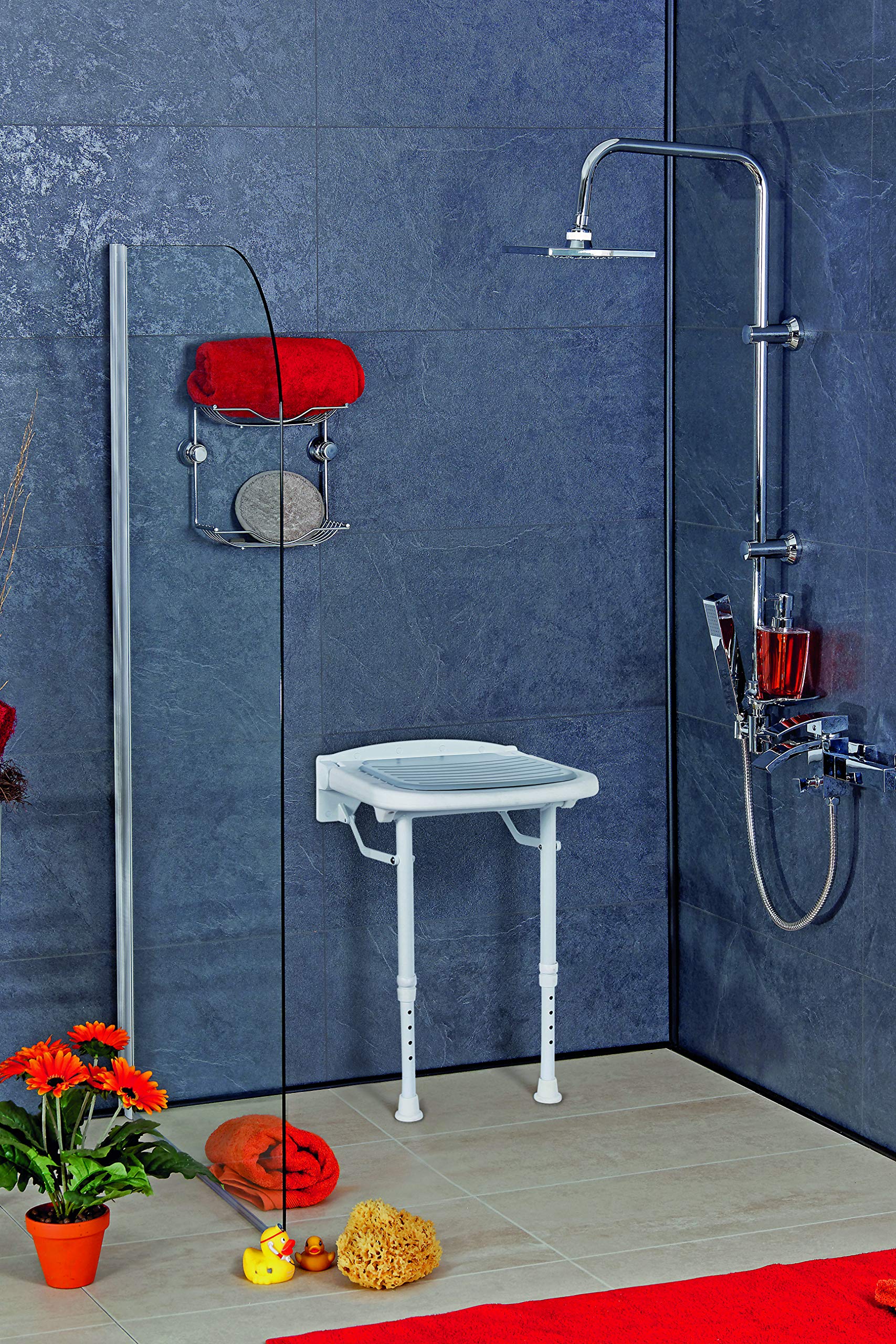 Alberts 140366 Asiento acolchado con patas de apoyo, Altura ajustable, Plástico, blanco con acolchado gris, 380 x 370 mm
