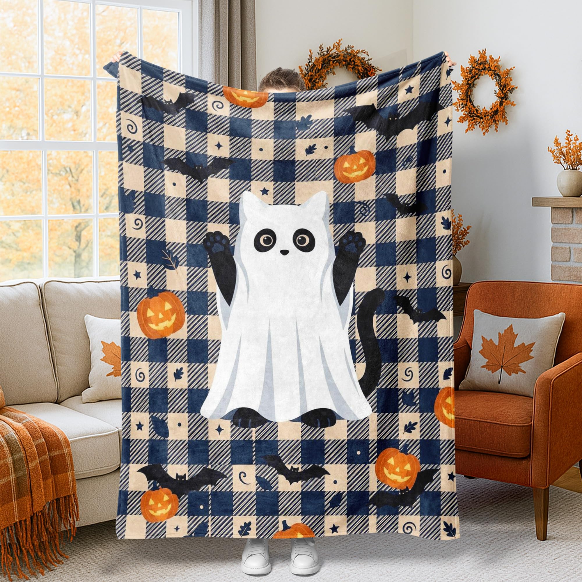 Jeté de lit fantôme Halloween orange en peluche compacte pour canapé 127x152 cm