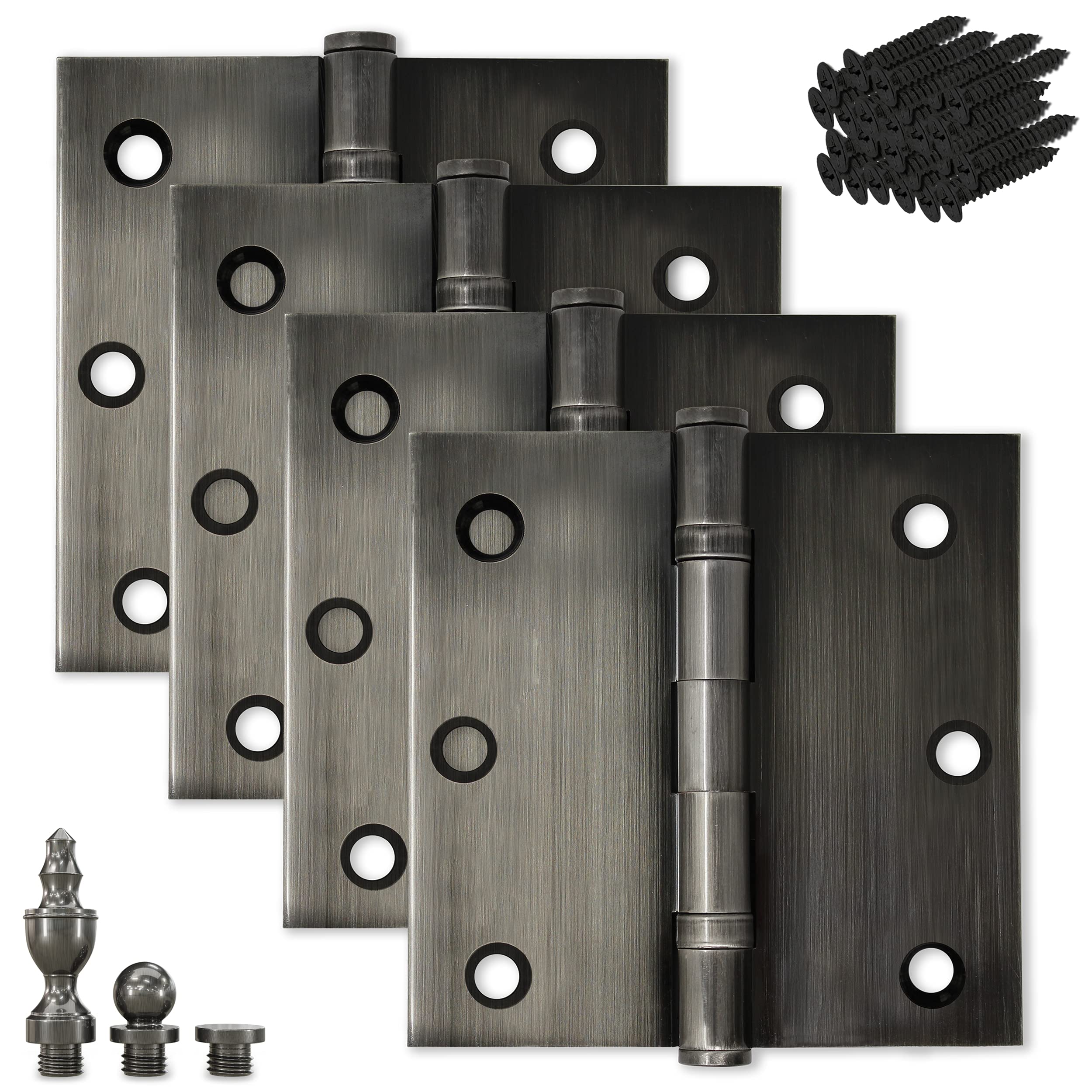 Finsbury Hardware Solid Brass Door Hinge Heavy Duty Ball Bearing Polished 3.5 x 3.5 Inch with Decorative Screw-on Tips Included - Set of 4 Hinges (