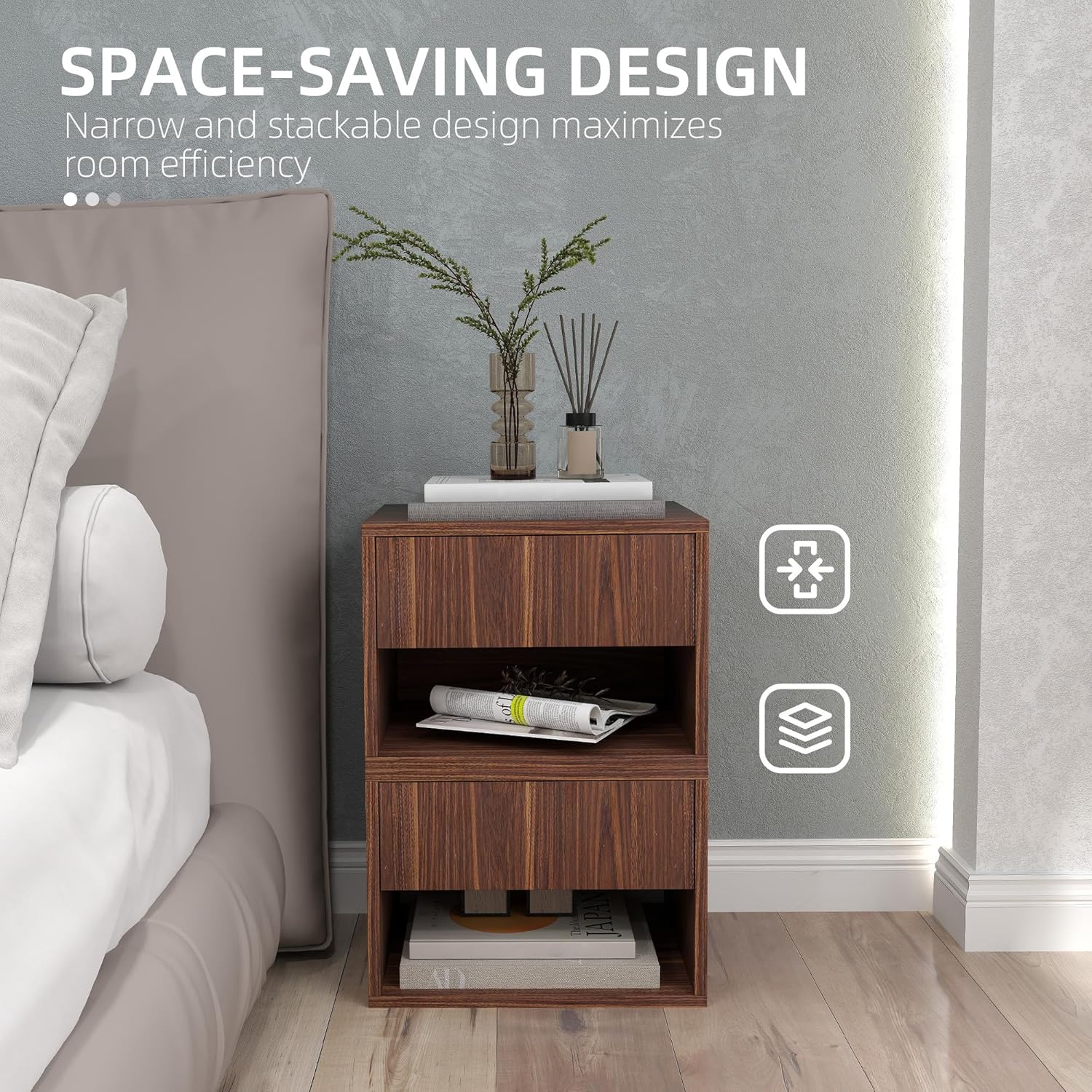 Two HOMCOM floating nightstands stacked vertically, demonstrating their space-saving and stackable design.