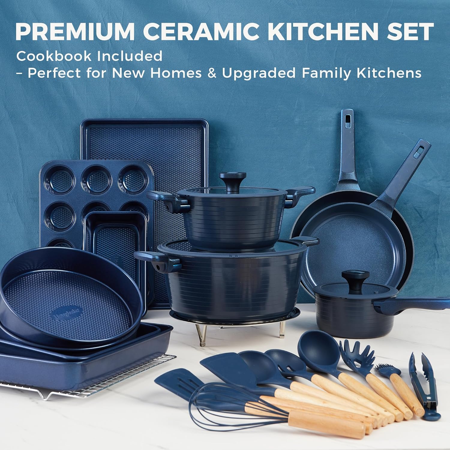 HONGBAKE 26 Pcs Pots and Pans Set Non Stick, Non Toxic Ceramic Cooking Set With 10 Silicone Utensils, Kitchen Induction Cookware & Bakeware Sets with Diamond Texture Pattern, PFOA Free, Blue