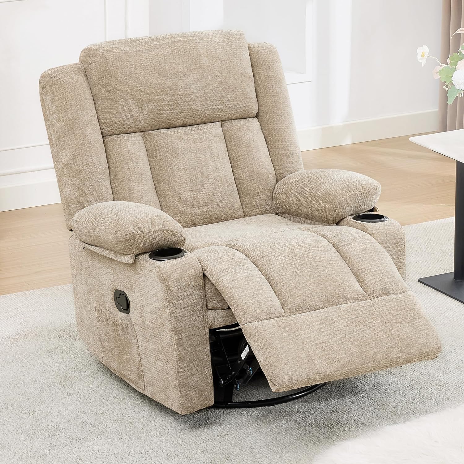 Swivel Rocker Recliner, Lazy Boy Recliner Chair with Cup Holders, 360 Degree Rotating Nursery Rocking Chair, Manual Glider Recliner for Living Room (1, Brown)