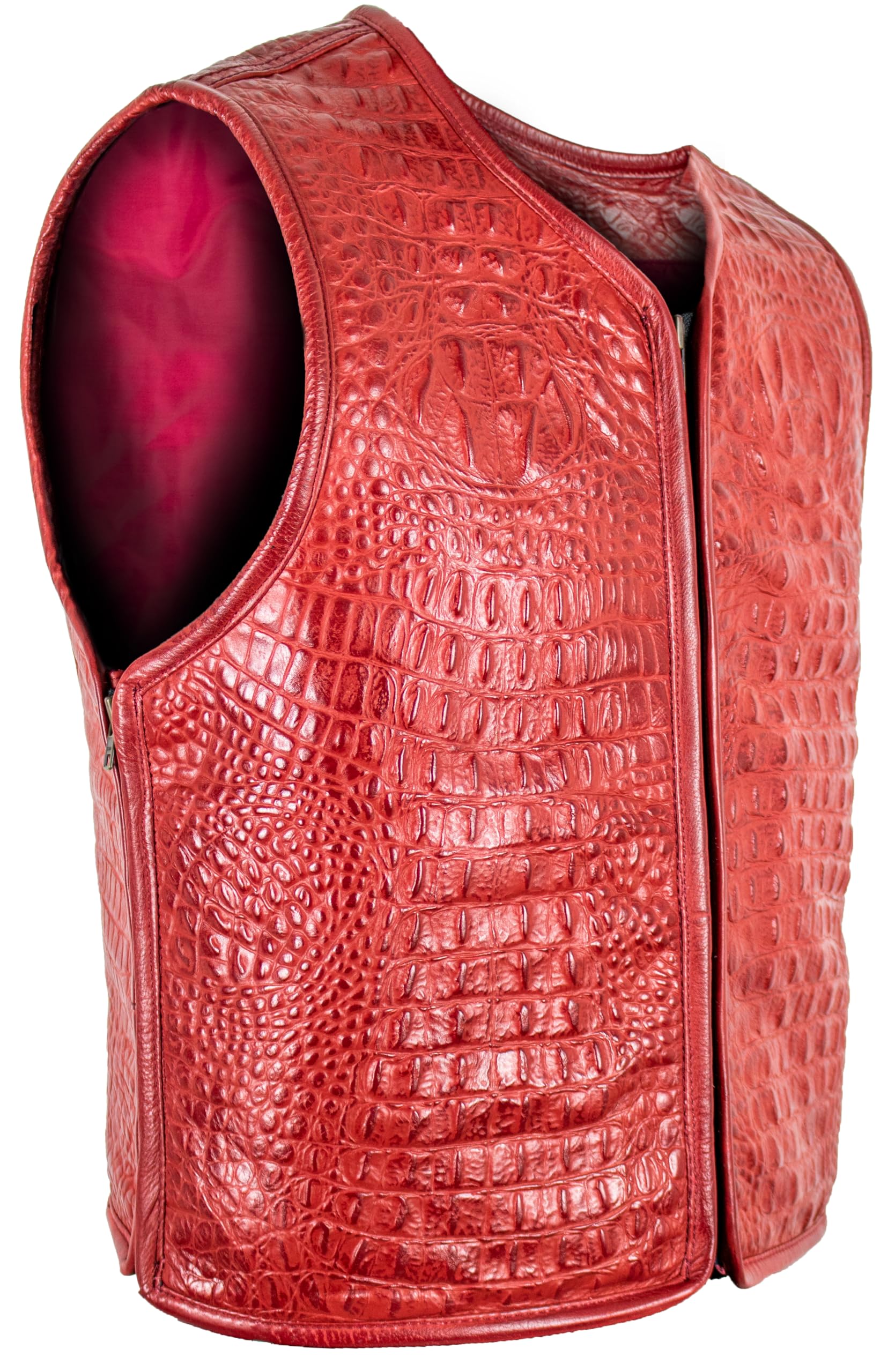 MDM Chaleco de piel para hombre en imitación de cocodrilo, color rojo