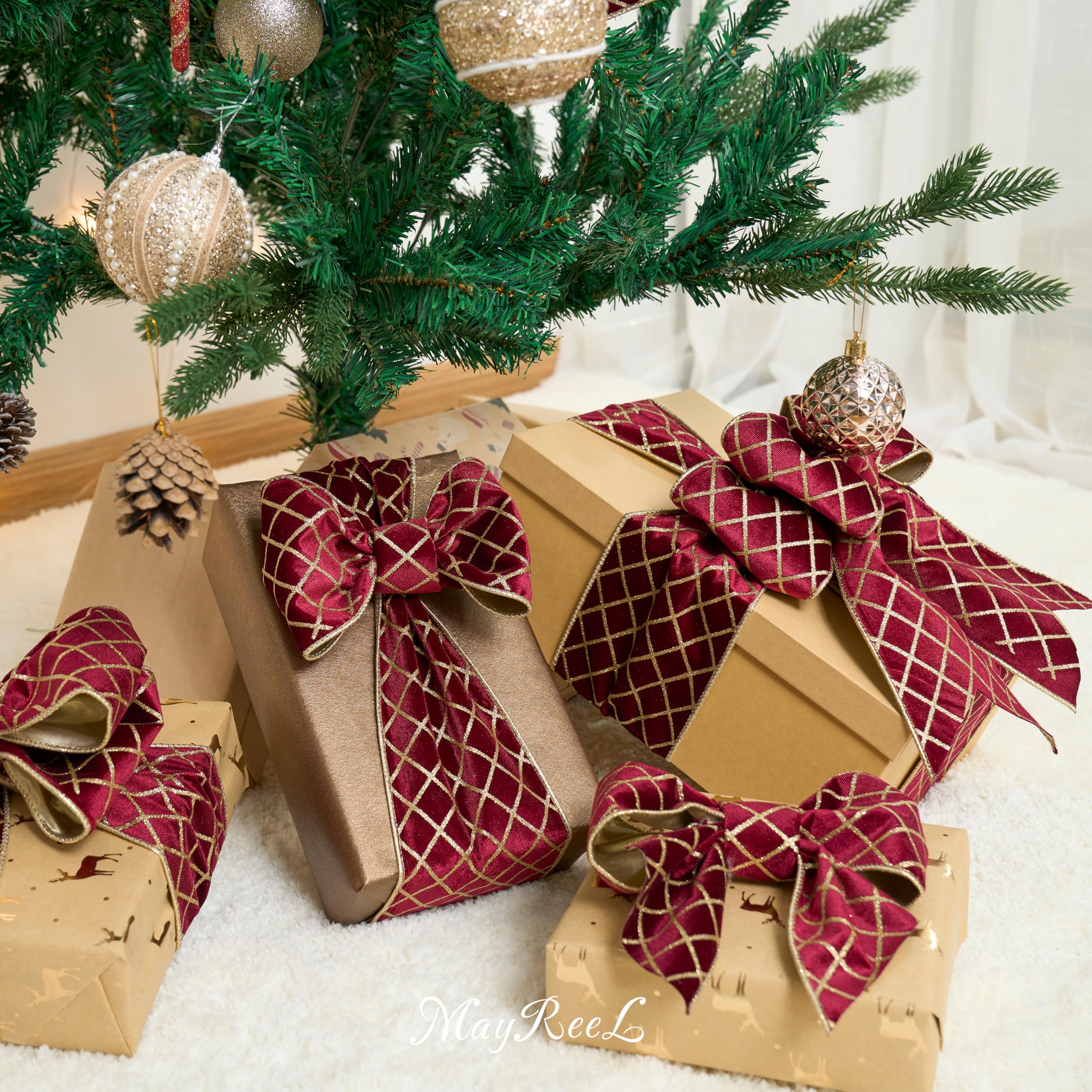 MAYREEL Burgunderrotes und goldenes Weihnachtsbaumband, 10,2 cm, metallischer Diamant-Glitzer, Samt, Drahtkante, Gitterband für Geschenkverpackungen, Blumenhandwerk, Schleifen, Kränze, Girlande,