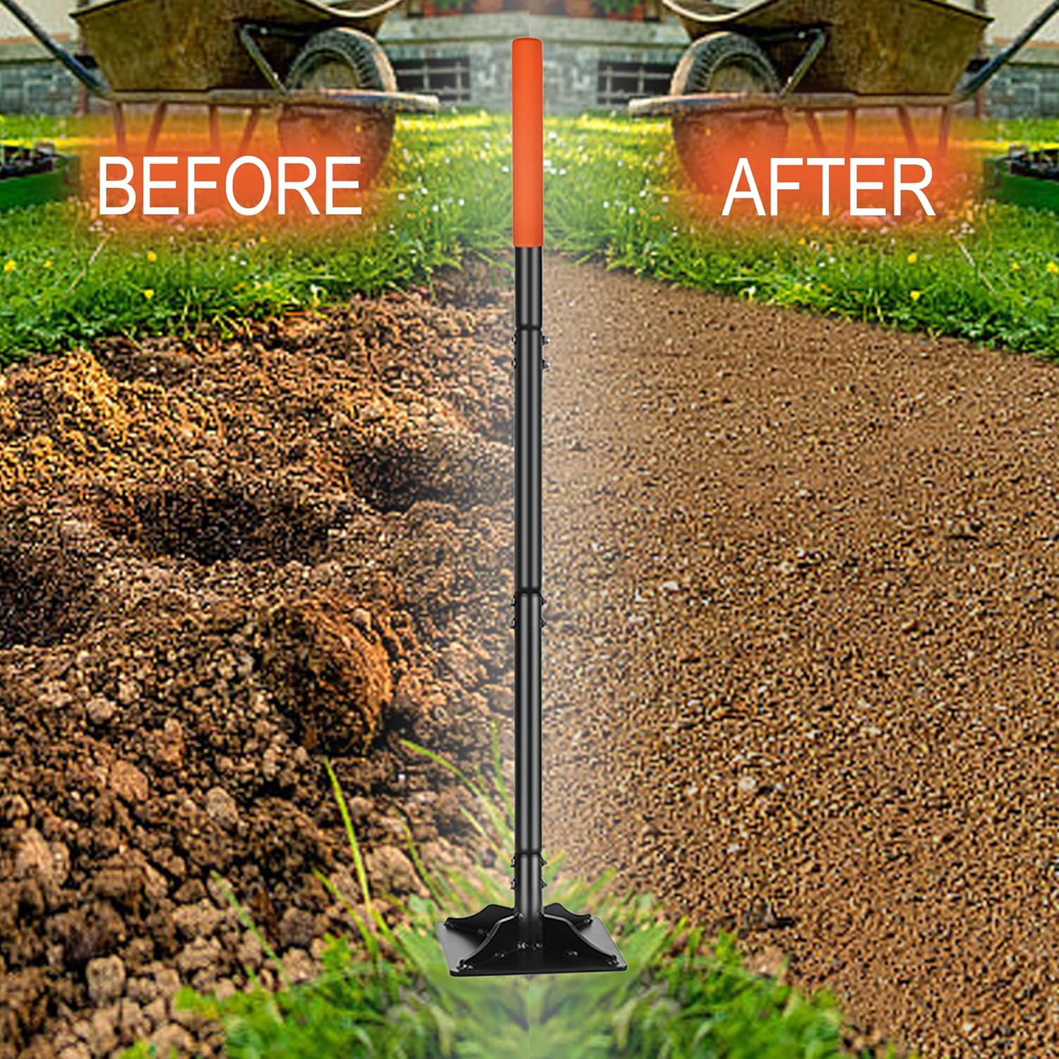 YEELOR Steel Tamper 8in×8in, 45in Long-Handled Hand Tamper with Rubber Grip, Durable Ground Tamper, Ideal for Leveling Garden Soil, Gravel, as Well as Laying Floor Tiles and Repairing Blacktop