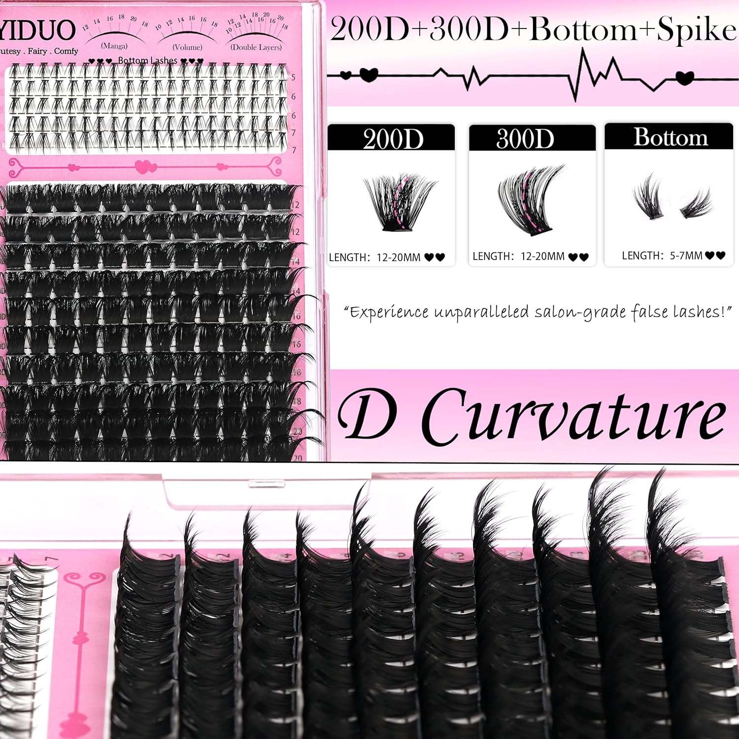 YIDUO 8 Styles Mix Lashes Clusters Kit 4 Box Cluster Lash Book Kit with Bond&Seal 1888Pcs 100D/200D/300D Volume Manga Eyelash Extension with Spikys/Bottom lash Kit for Beginners DIY at Home Easily